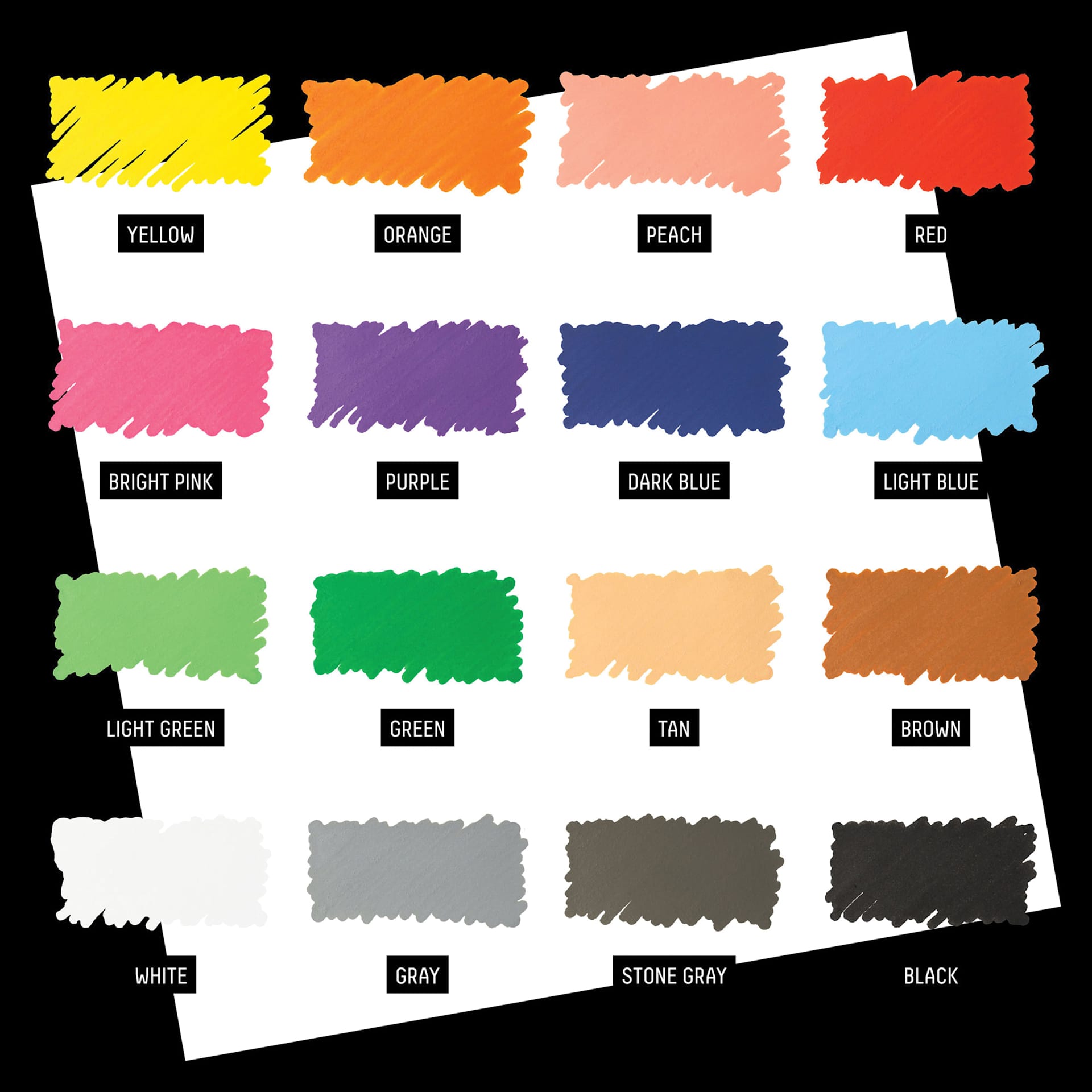 Yellow, Orange, Peach, Red, Bright Pink, Purple, Dark Blue, Light Blue, Light Green, Green, Tan, Brown, White, Gray, Stone Gray, and Black.