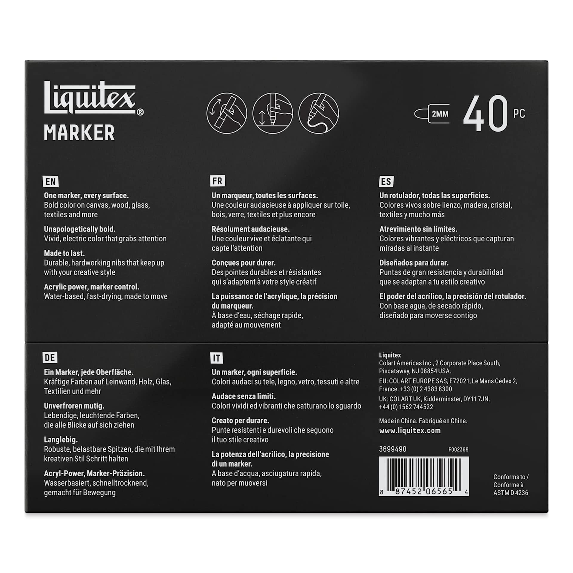 Liquitex Markers - Set of 40, Radical Colors, Bullet Tip, 2 mm, back of packaging