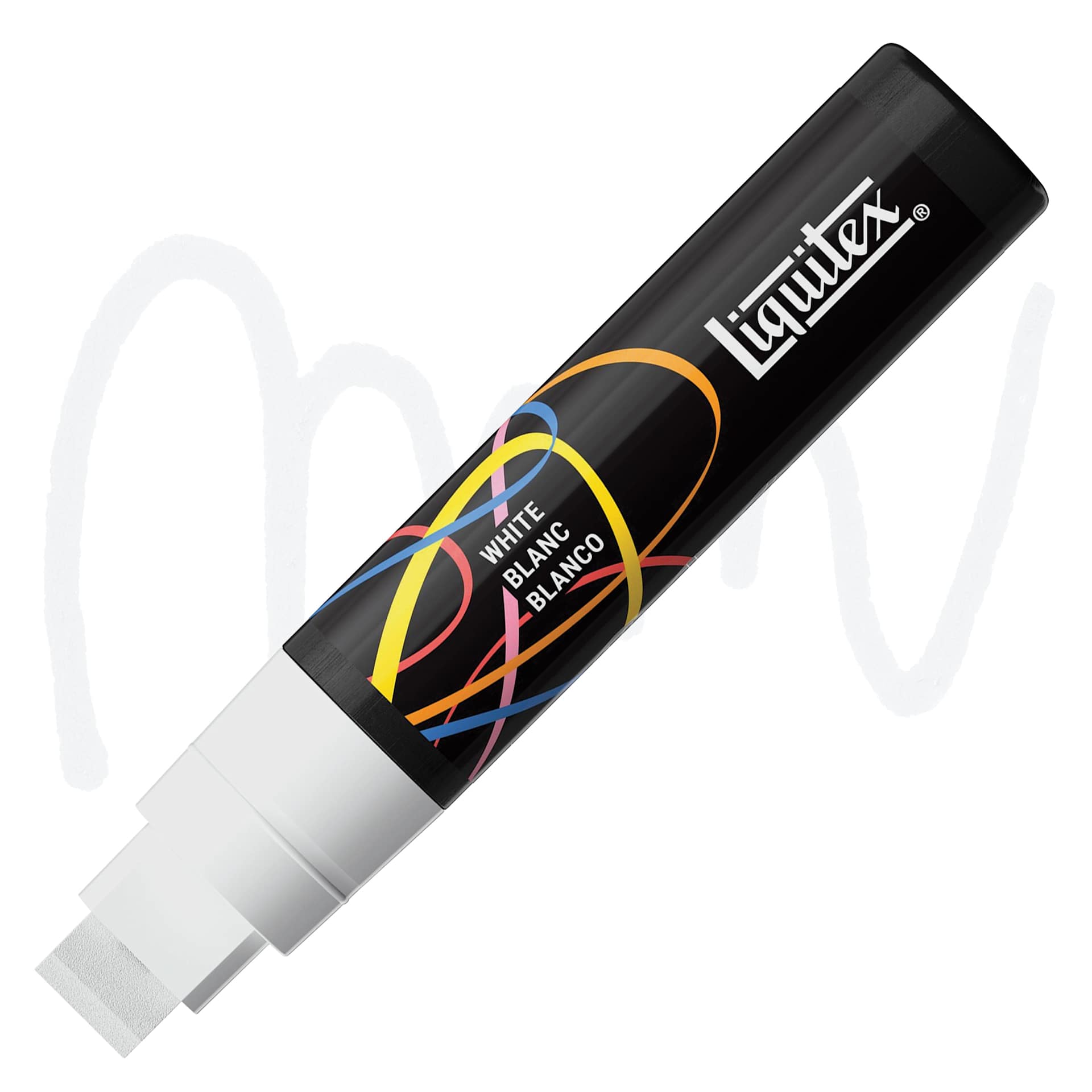 Liquitex Marker - White, Chisel Tip, 15 mm marker with swatch