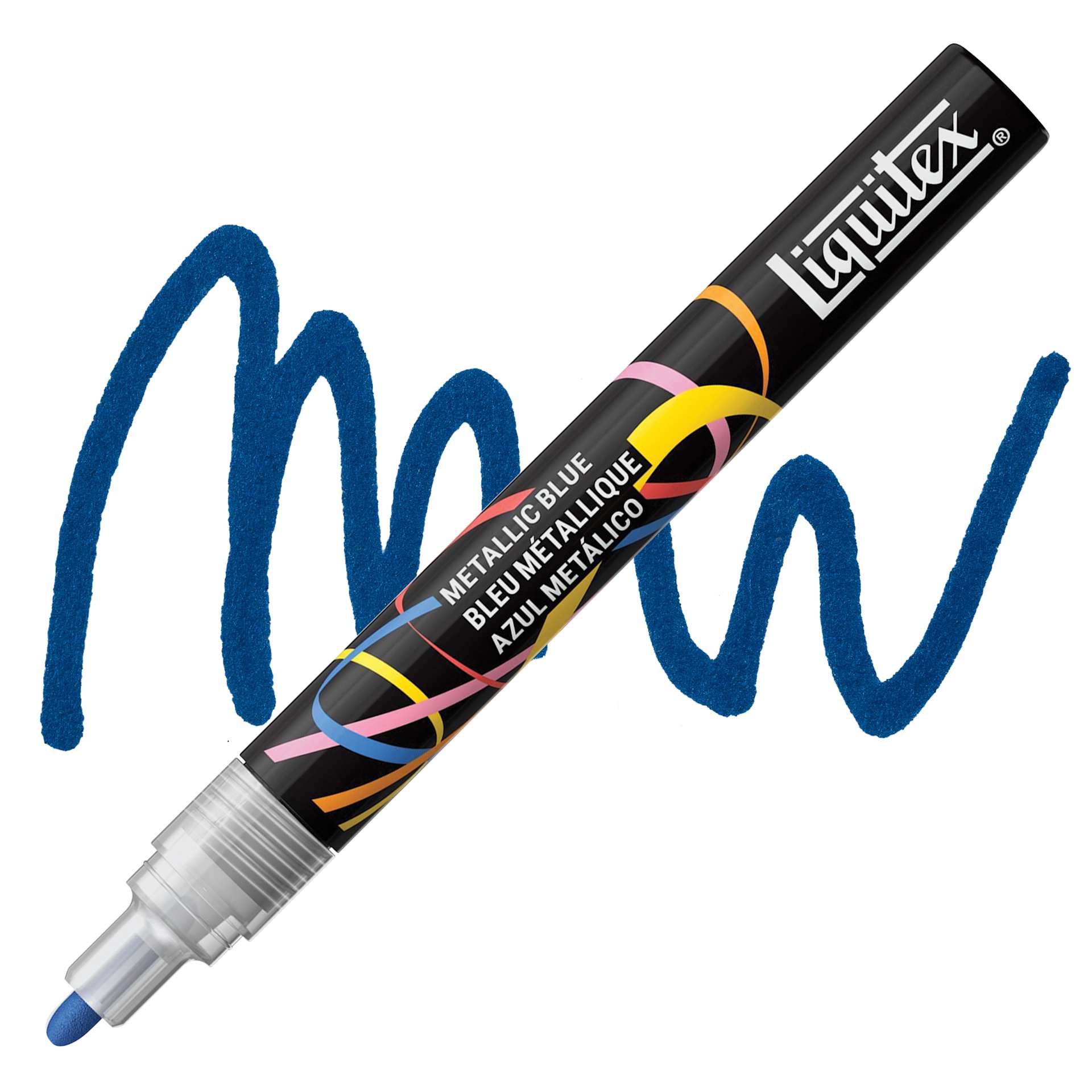 Liquitex Marker - Metallic Blue, Bullet Tip, 2 mm marker with swatch