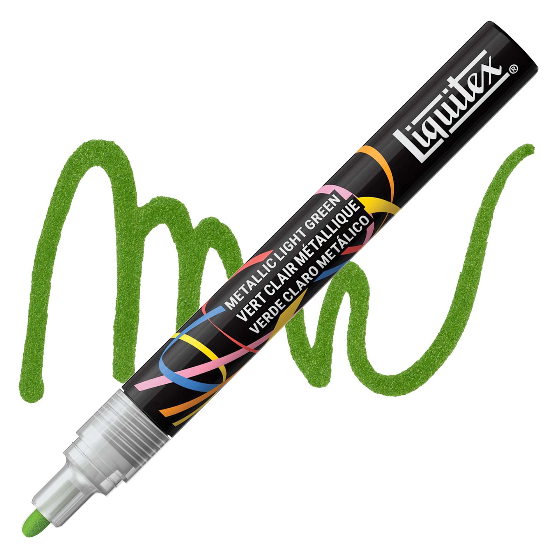 Liquitex Marker - Metallic Light Green, Bullet Tip, 2 mm marker with swatch