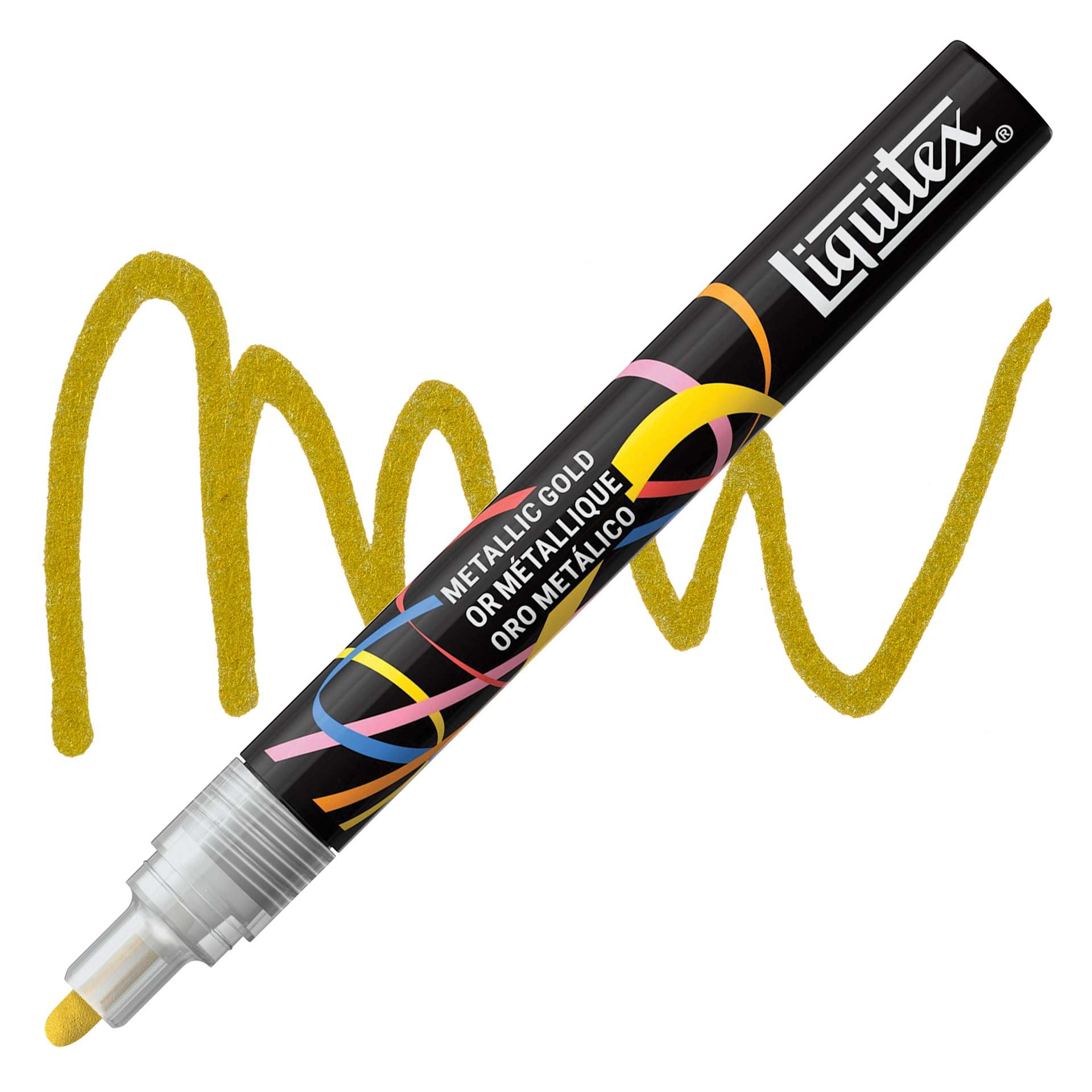 Liquitex Marker - Metallic Gold, Bullet Tip, 2 mm marker with swatch