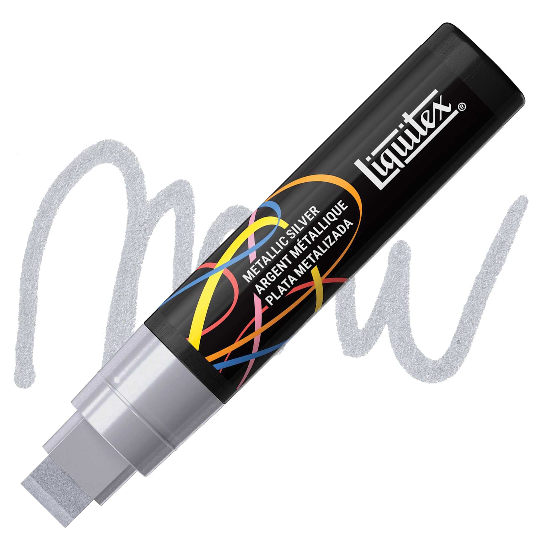 Liquitex Marker - Metallic Silver, Chisel Tip, 15 mm marker with swatch