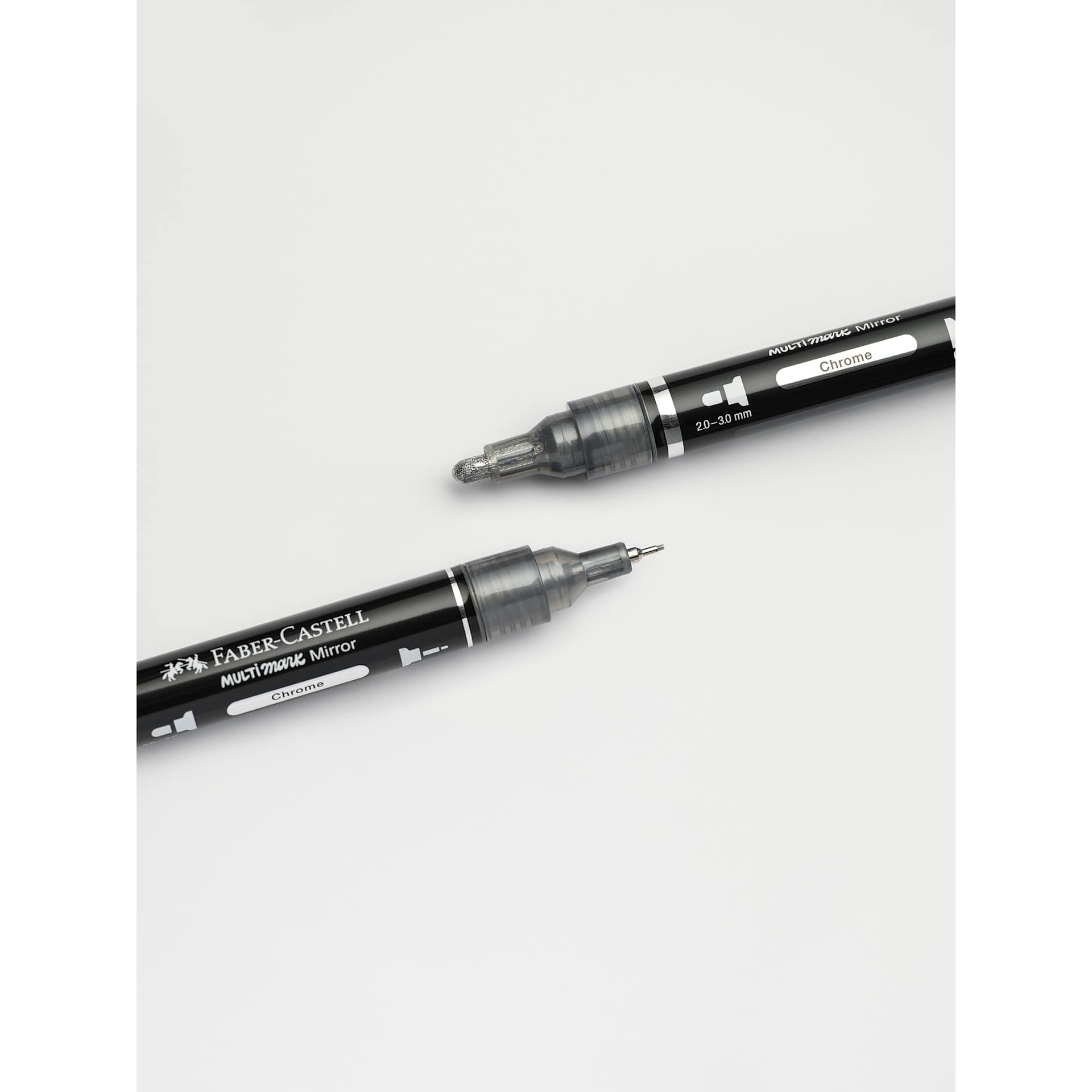 Faber-Castell Multimark Dual-Tip Acrylic Marker - Chrome, both the 0.80mm fine tip and 2-3mm bullet tip shown together.