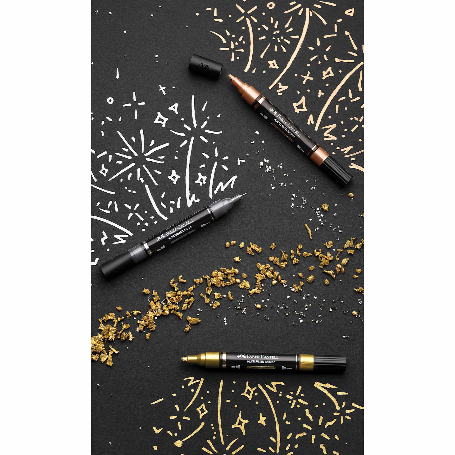 Faber-Castell Multimark Dual-Tip Acrylic Markers, metallic colors on black paper.