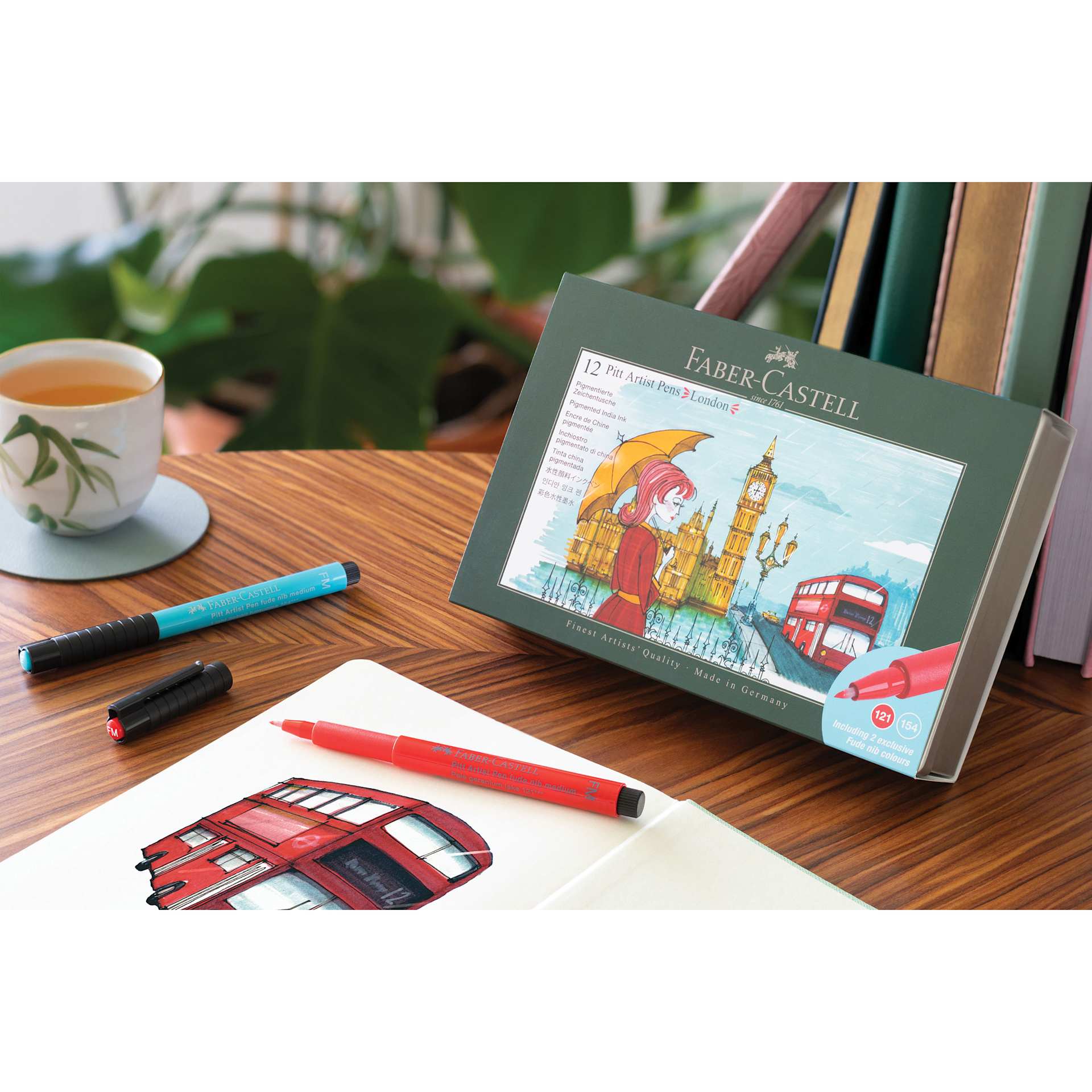Faber-Castell Pitt Artist City Collection Brush Pens - Set of 12, London, with sketch of a double decker bus.