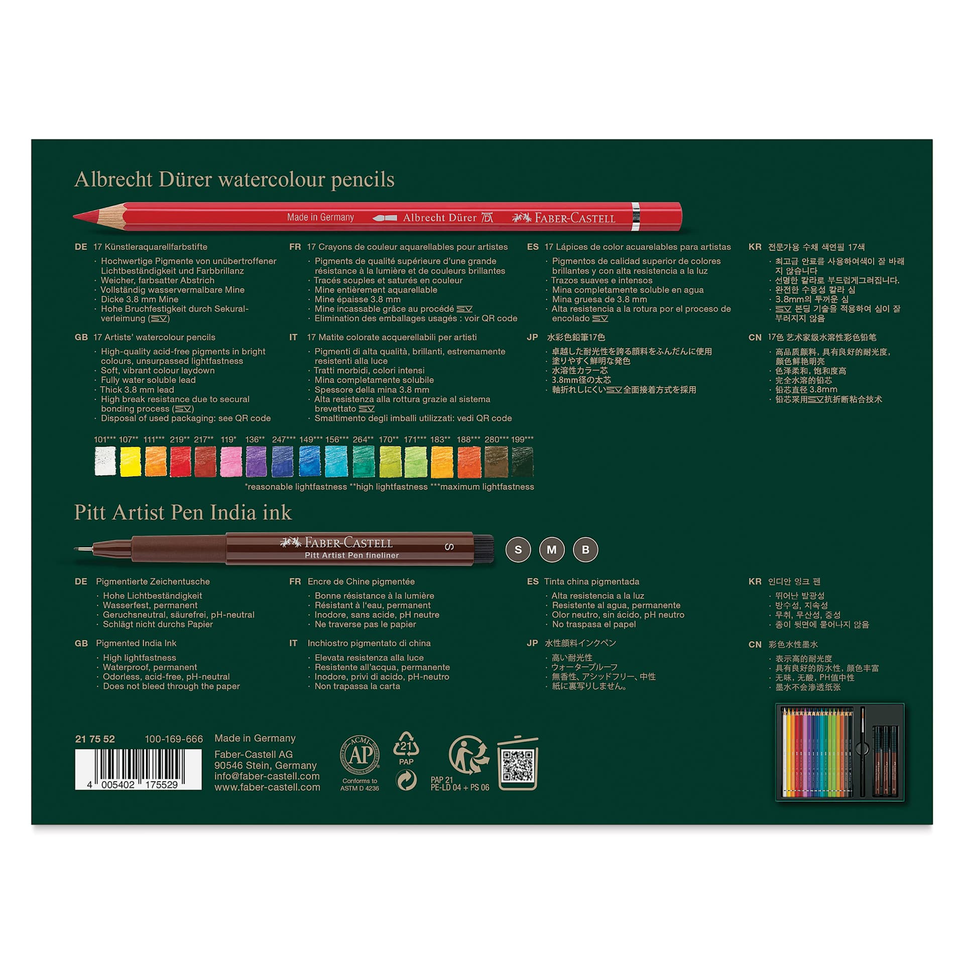 Faber-Castell Albrecht Dürer & Pitt Artist Gift Set - Set of 21, back of packaging