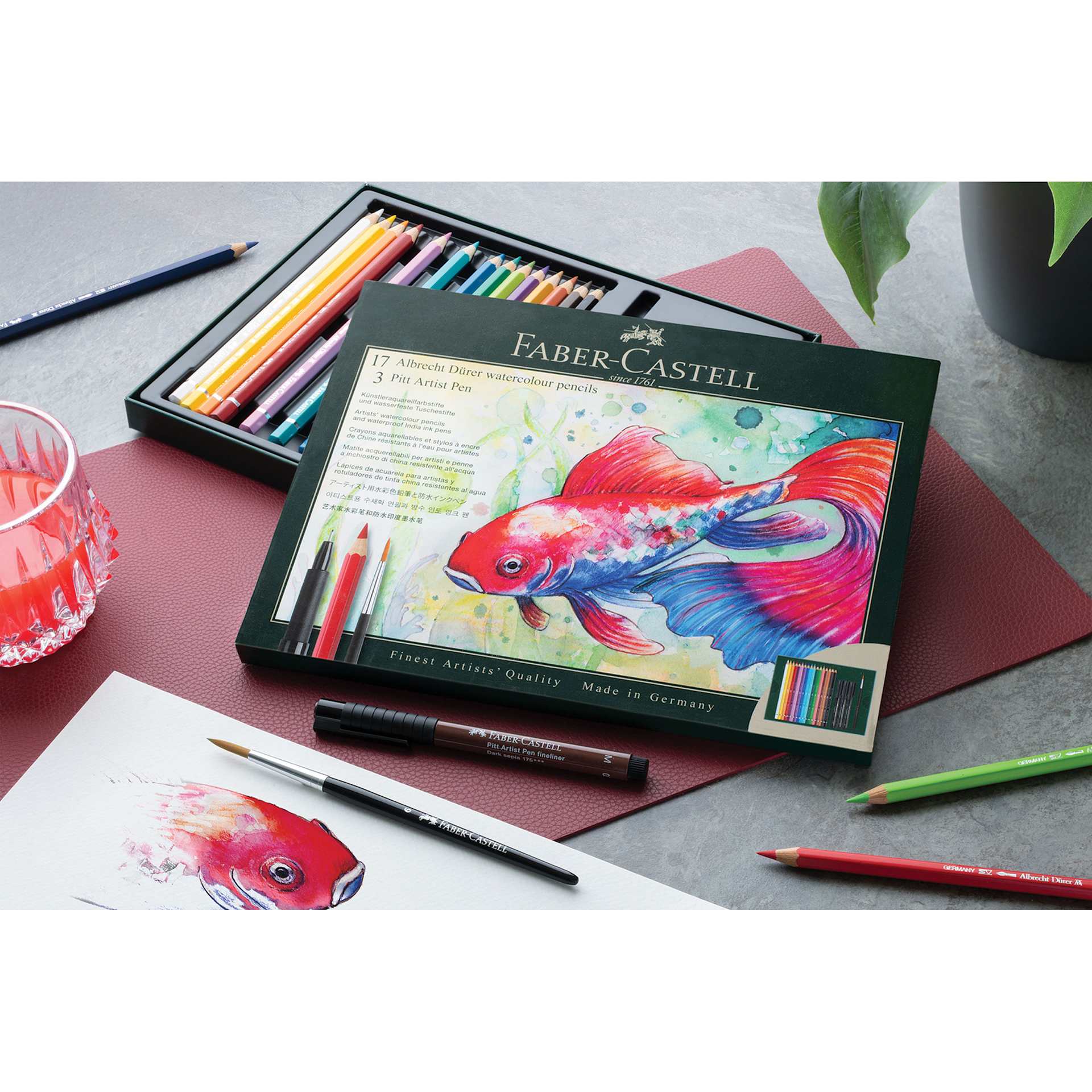 Faber-Castell Albrecht Dürer & Pitt Artist Gift Set - Set of 21, open with mixed media sketch of a koi fish