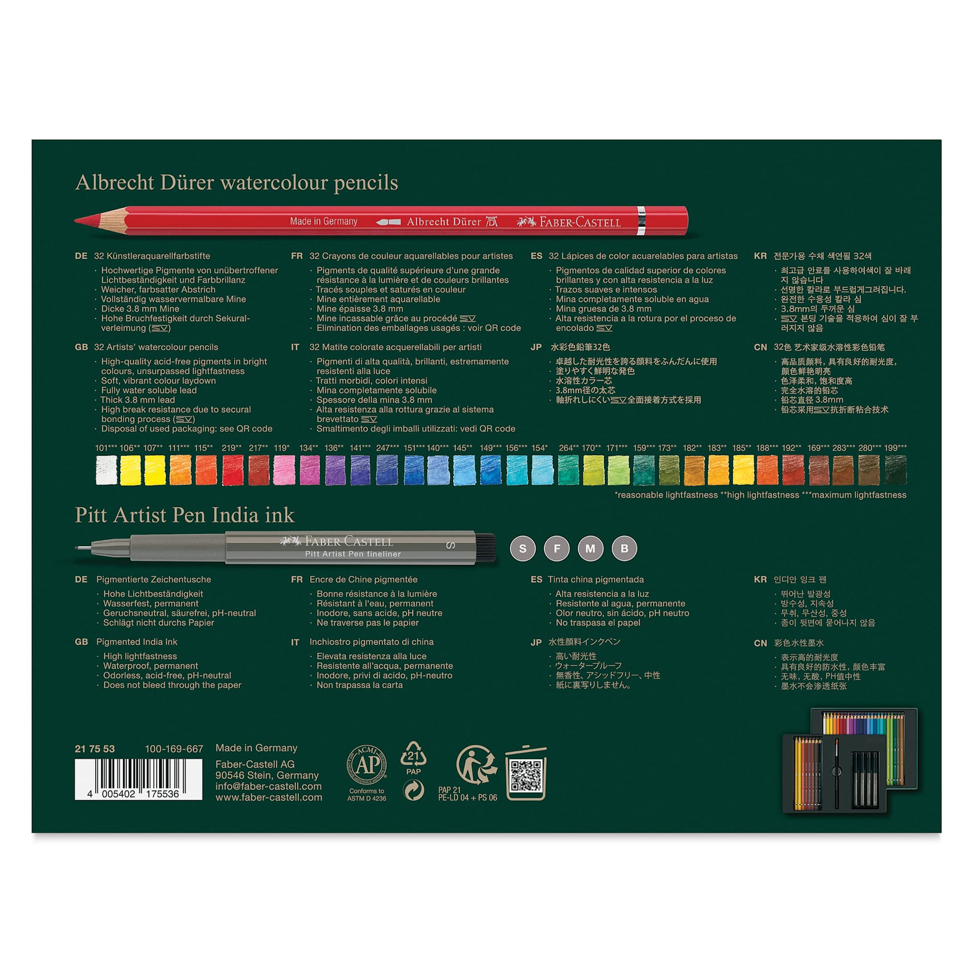 Faber-Castell Albrecht Dürer & Pitt Artist Gift Set - Set of 37, back of packaging