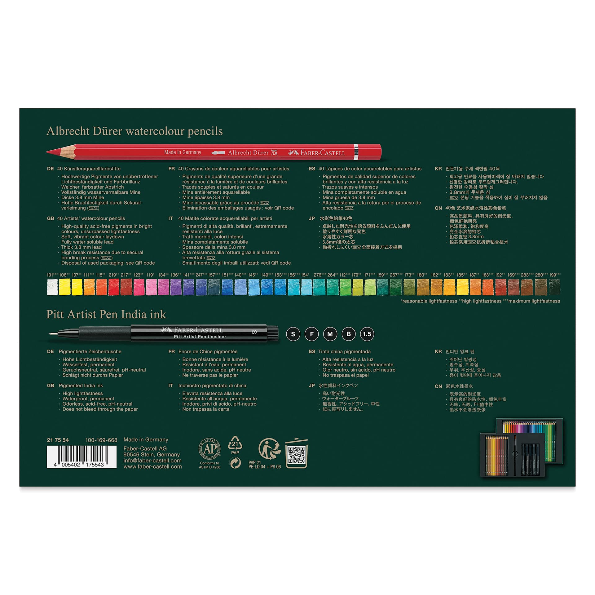 Faber-Castell Albrecht Dürer & Pitt Artist Gift Set - Set of 46, back of packaging