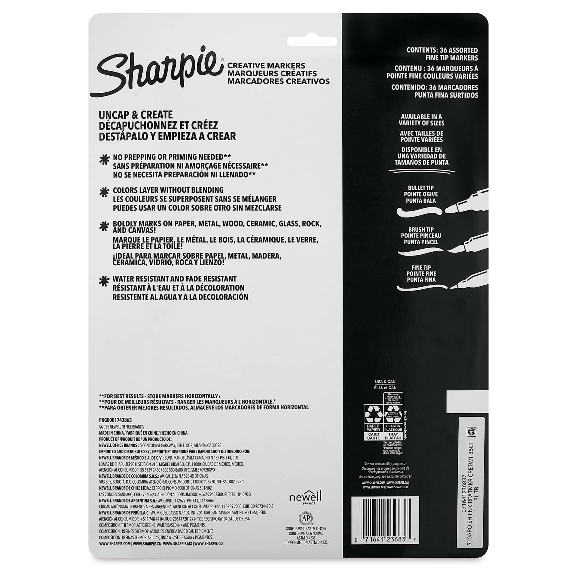 Sharpie Creative Acrylic Markers - Set of 36, Assorted, Fine Tip, back of packaging