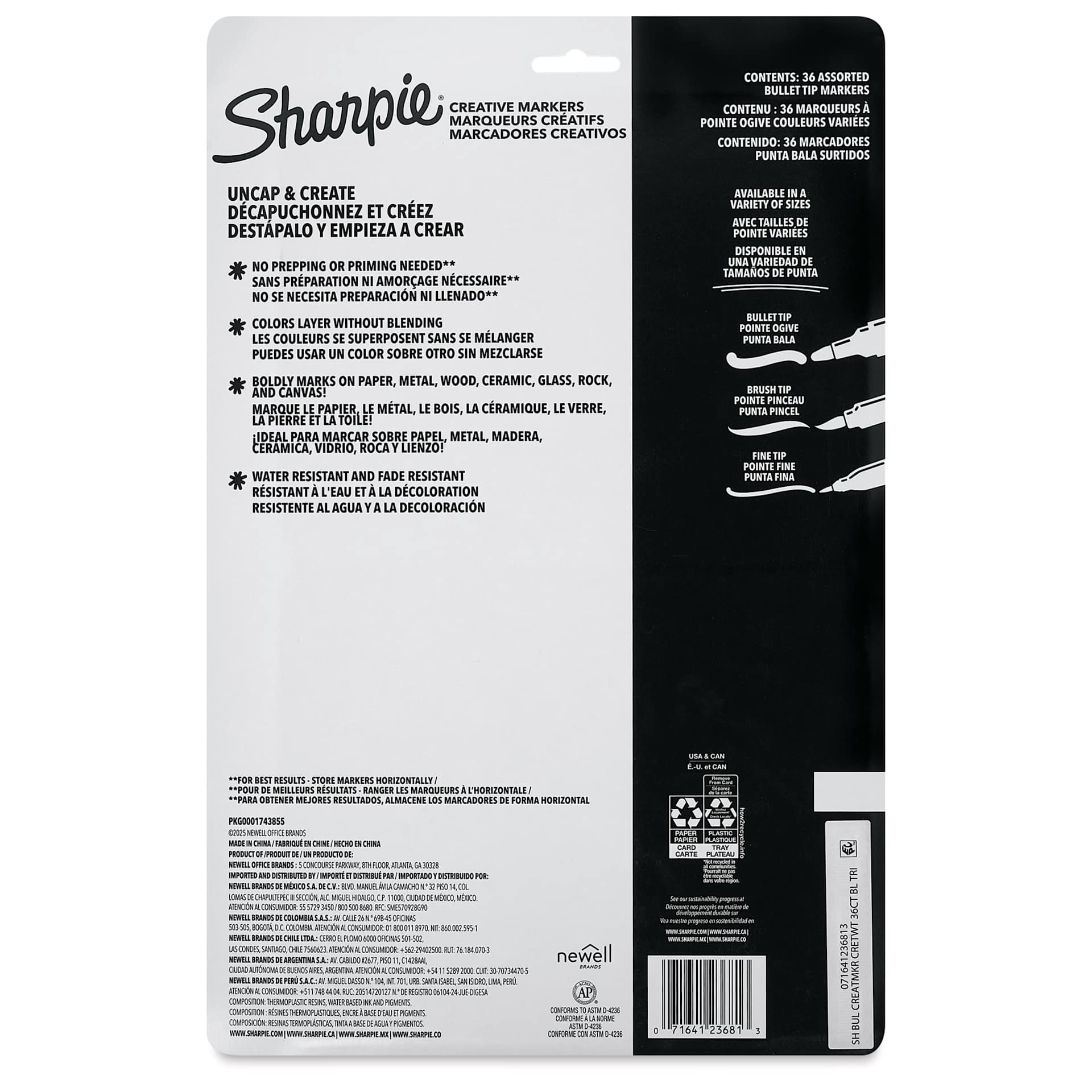 Sharpie Creative Acrylic Markers - Set of 36, Assorted, Bullet Tip, back of packaging