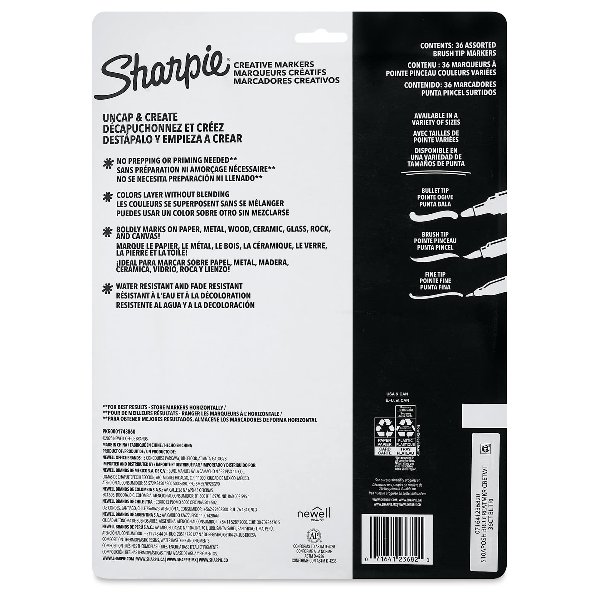 Sharpie Creative Acrylic Markers - Set of 36, Assorted, Brush Tip, back of packaging