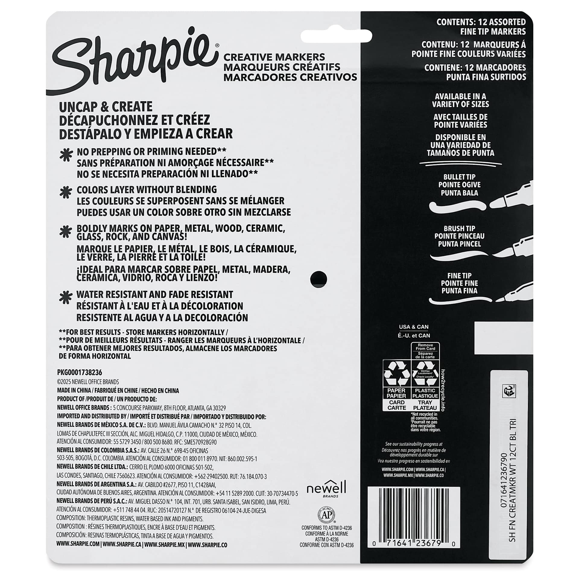 Sharpie Creative Acrylic Markers - Set of 12, Warm Tones, Fine Tip, back of packaging