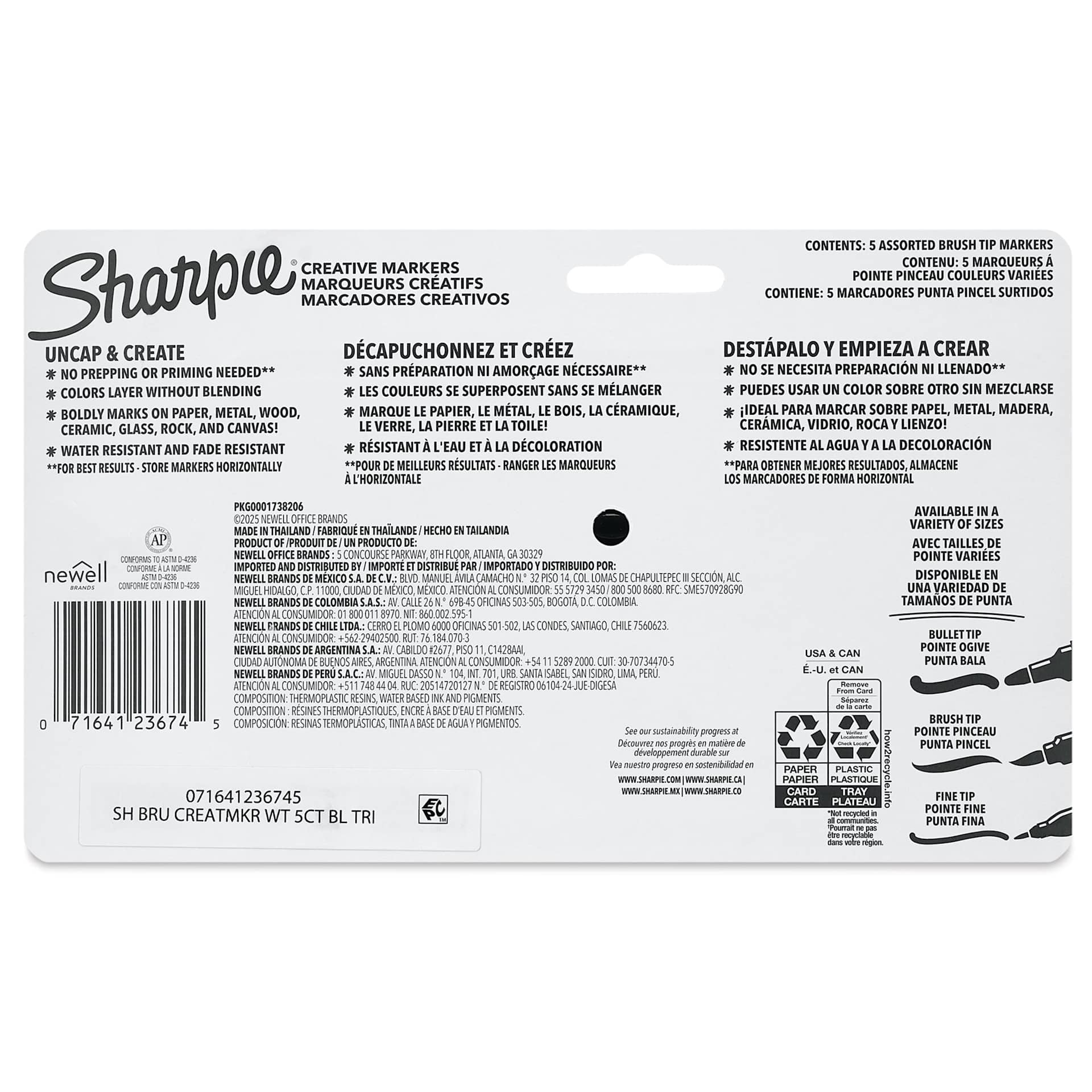 Sharpie Creative Acrylic Markers - Set of 5, Warm Tones, Brush Tip, back of packaging