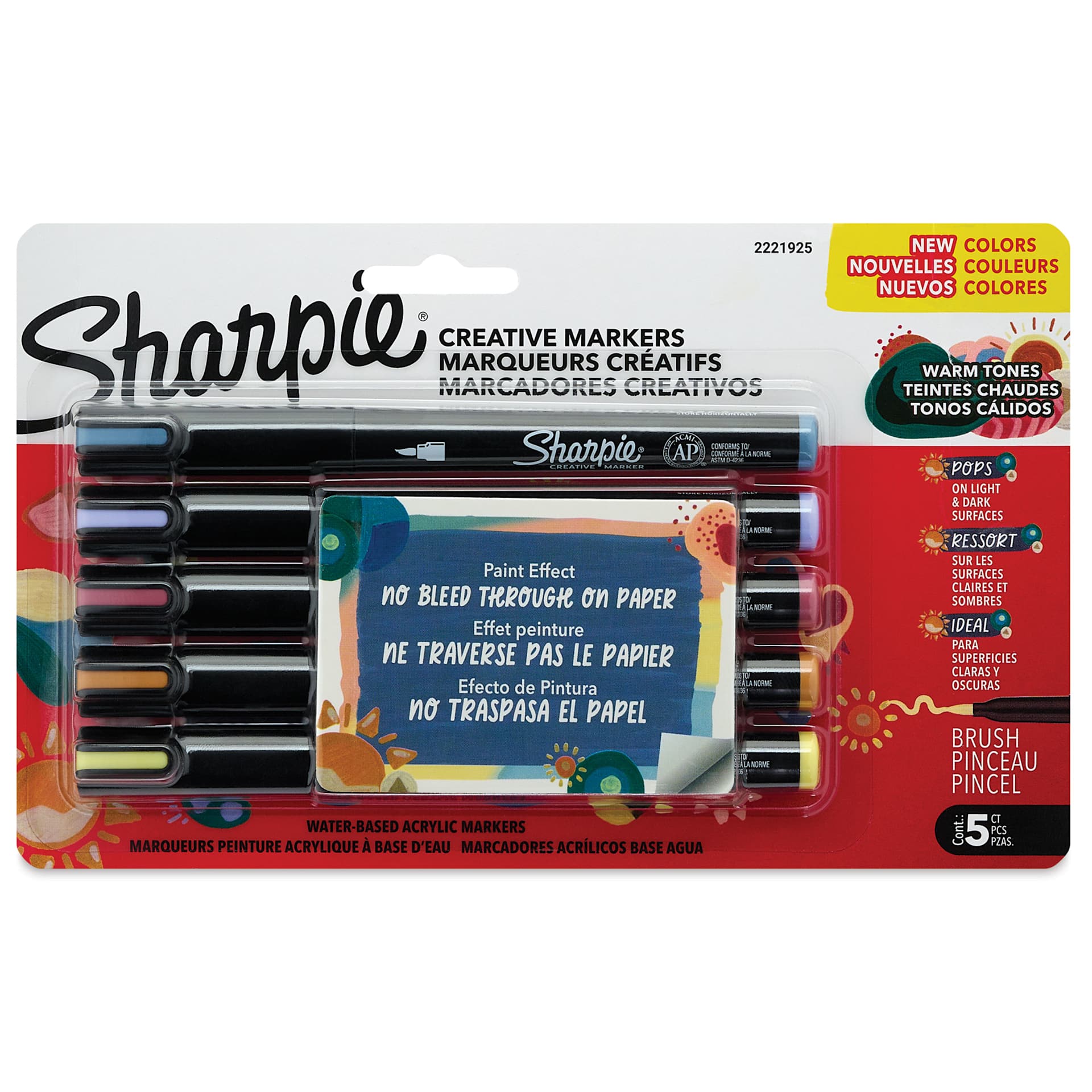 Sharpie Creative Acrylic Markers - Set of 5, Warm Tones, Brush Tip, front of packaging