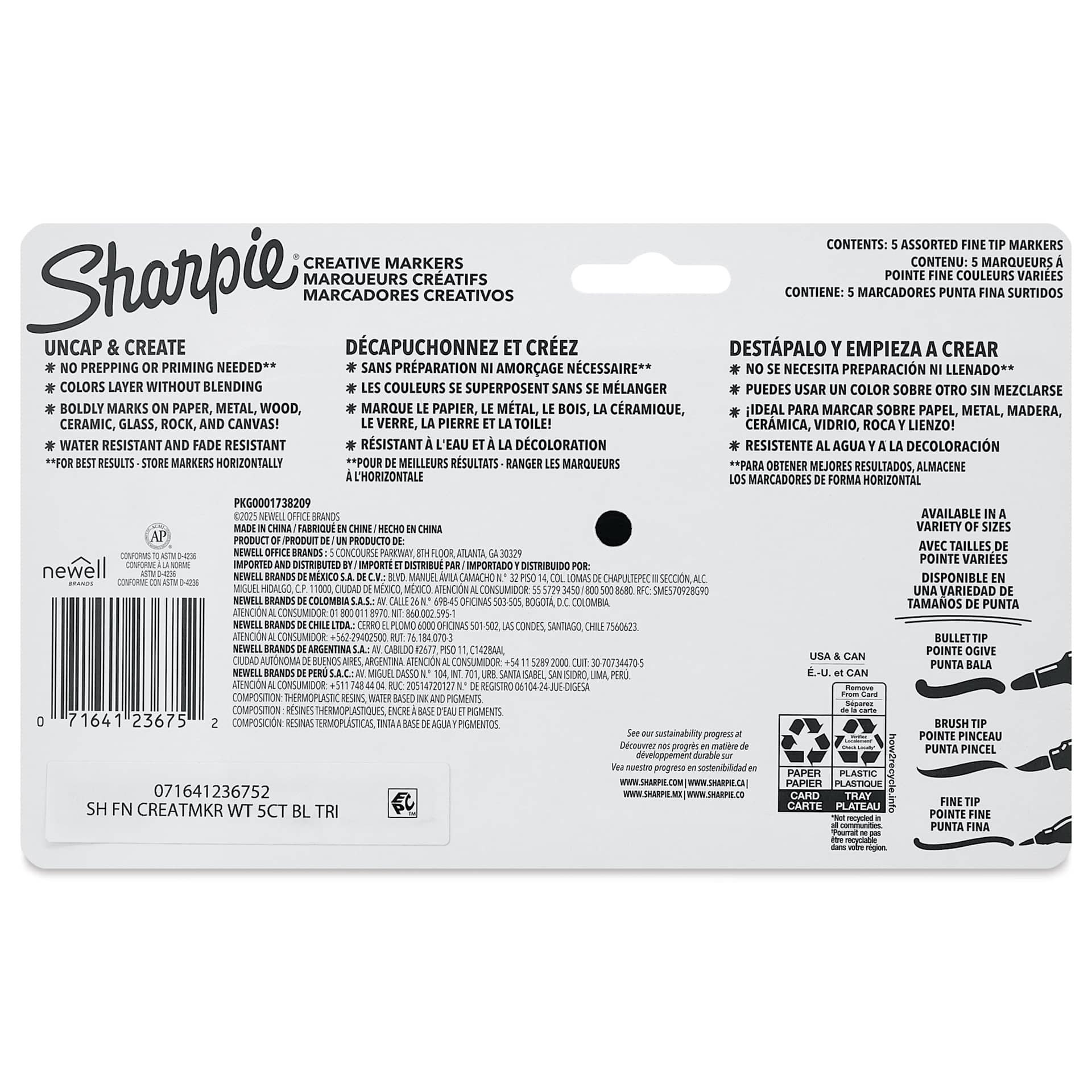 Sharpie Creative Acrylic Markers - Set of 5, Warm Tones, Fine Tip, back of packaging
