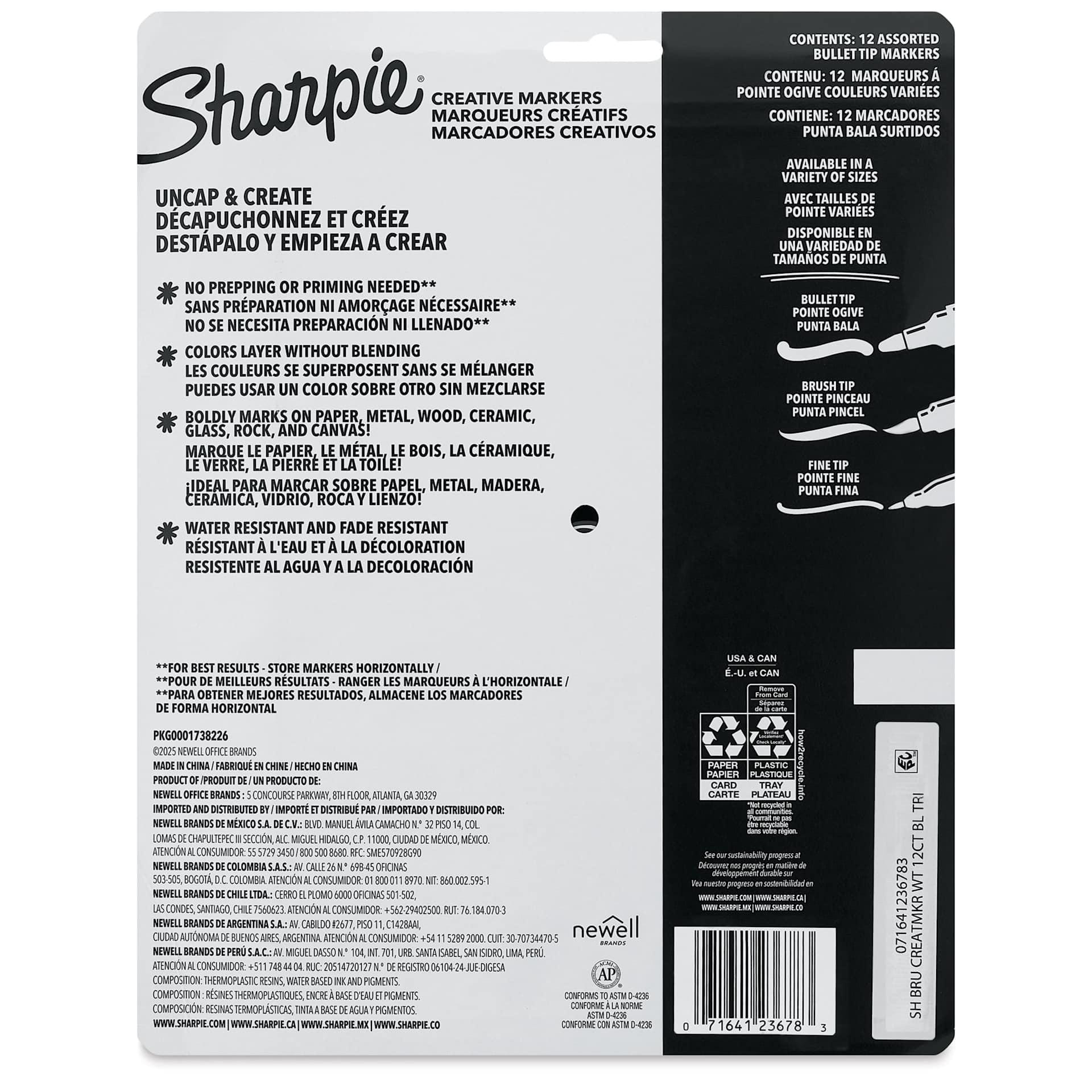 Sharpie Creative Acrylic Markers - Set of 12, Warm Tones, Brush Tip, back of packaging