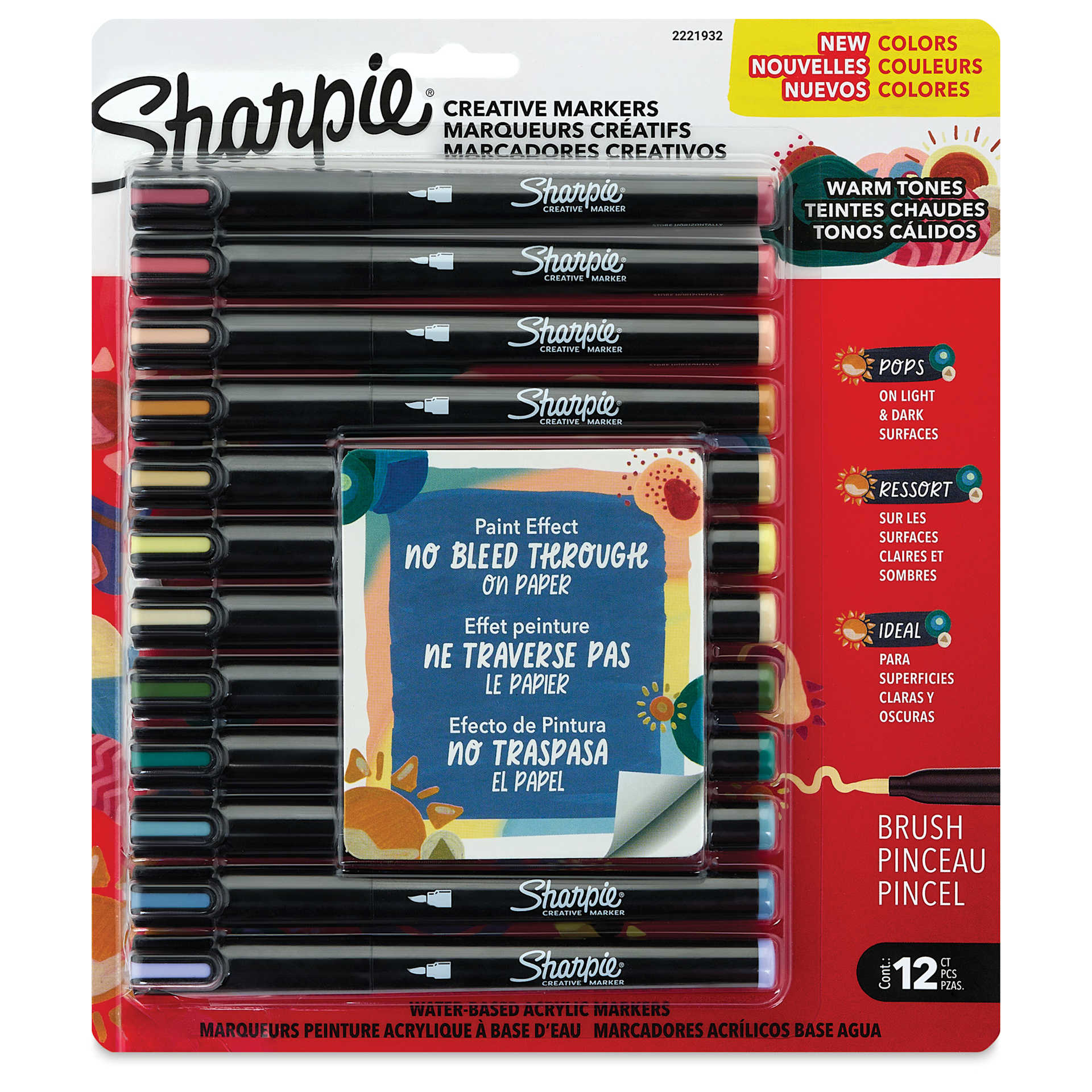 Sharpie Creative Acrylic Markers - Set of 12, Warm Tones, Brush Tip, front of packaging