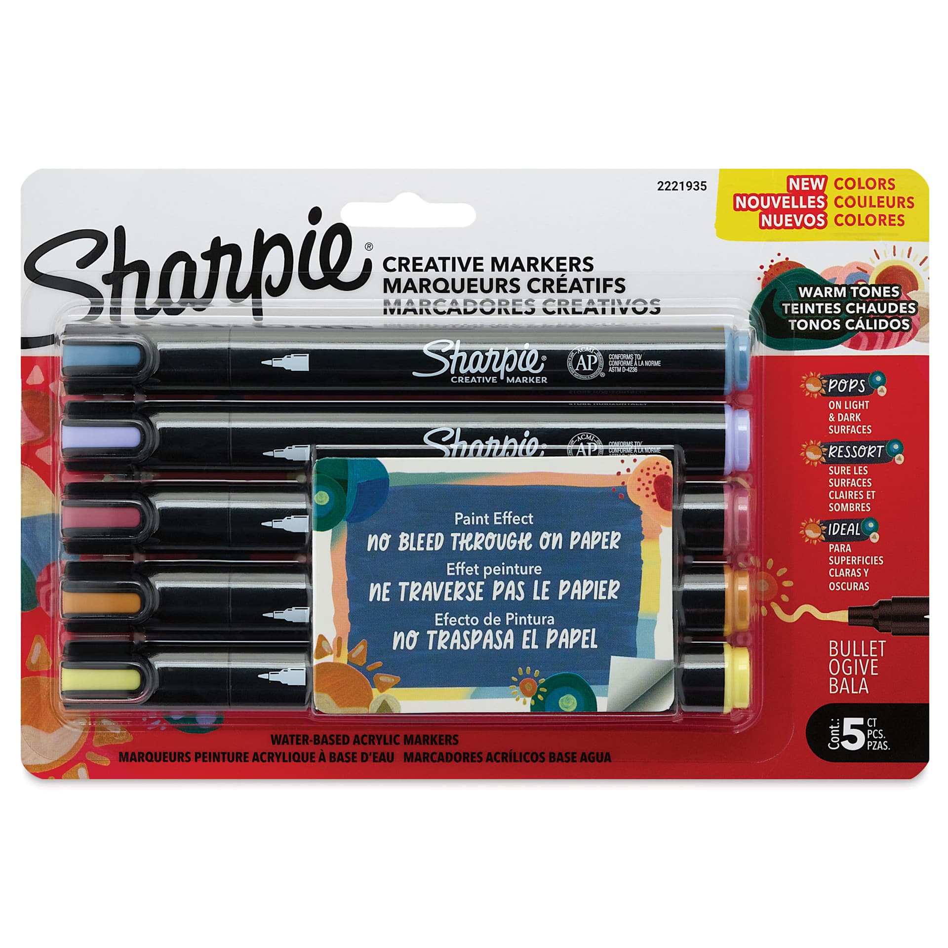Sharpie Creative Acrylic Markers - Set of 5, Warm Tones, Bullet Tip, front of packaging