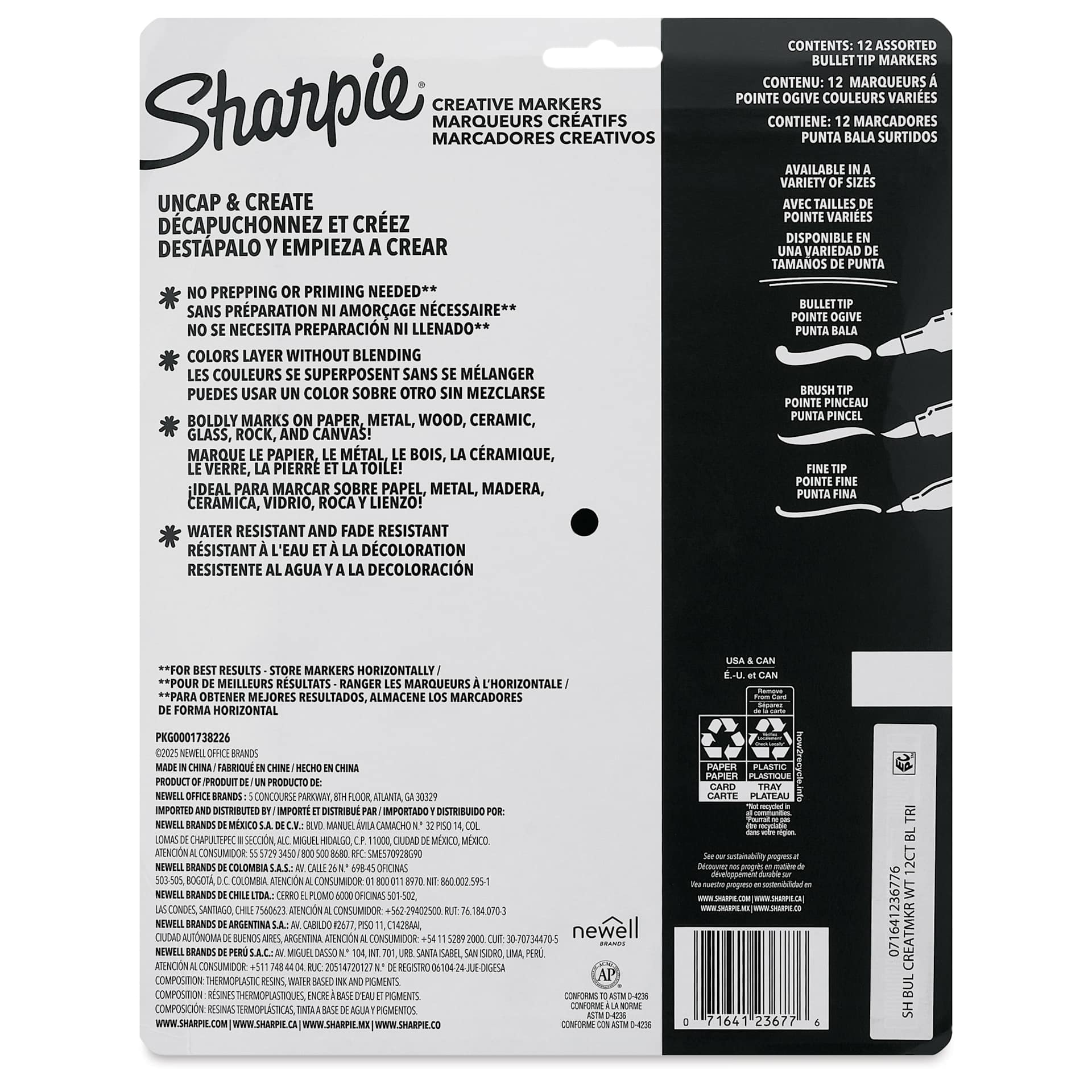 Sharpie Creative Acrylic Markers - Set of 12, Warm Tones, Bullet Tip, back of packaging