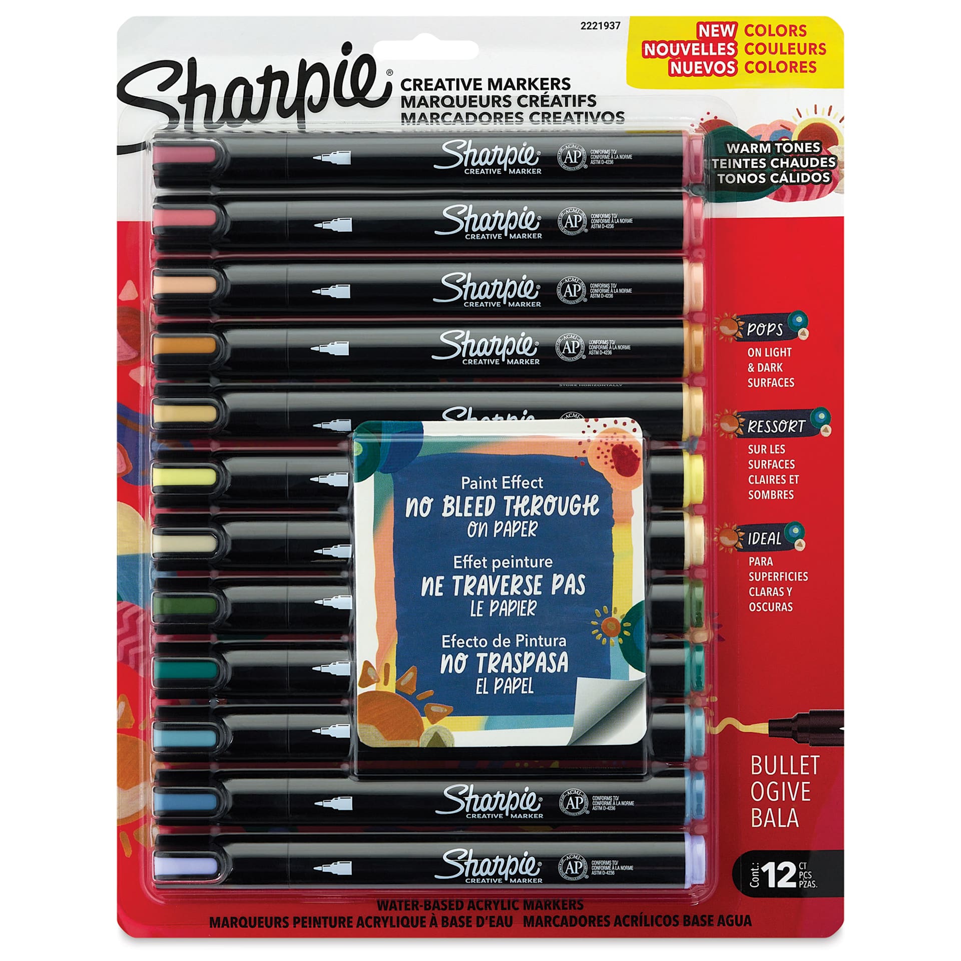 Sharpie Creative Acrylic Markers - Set of 12, Warm Tones, Bullet Tip, front of packaging