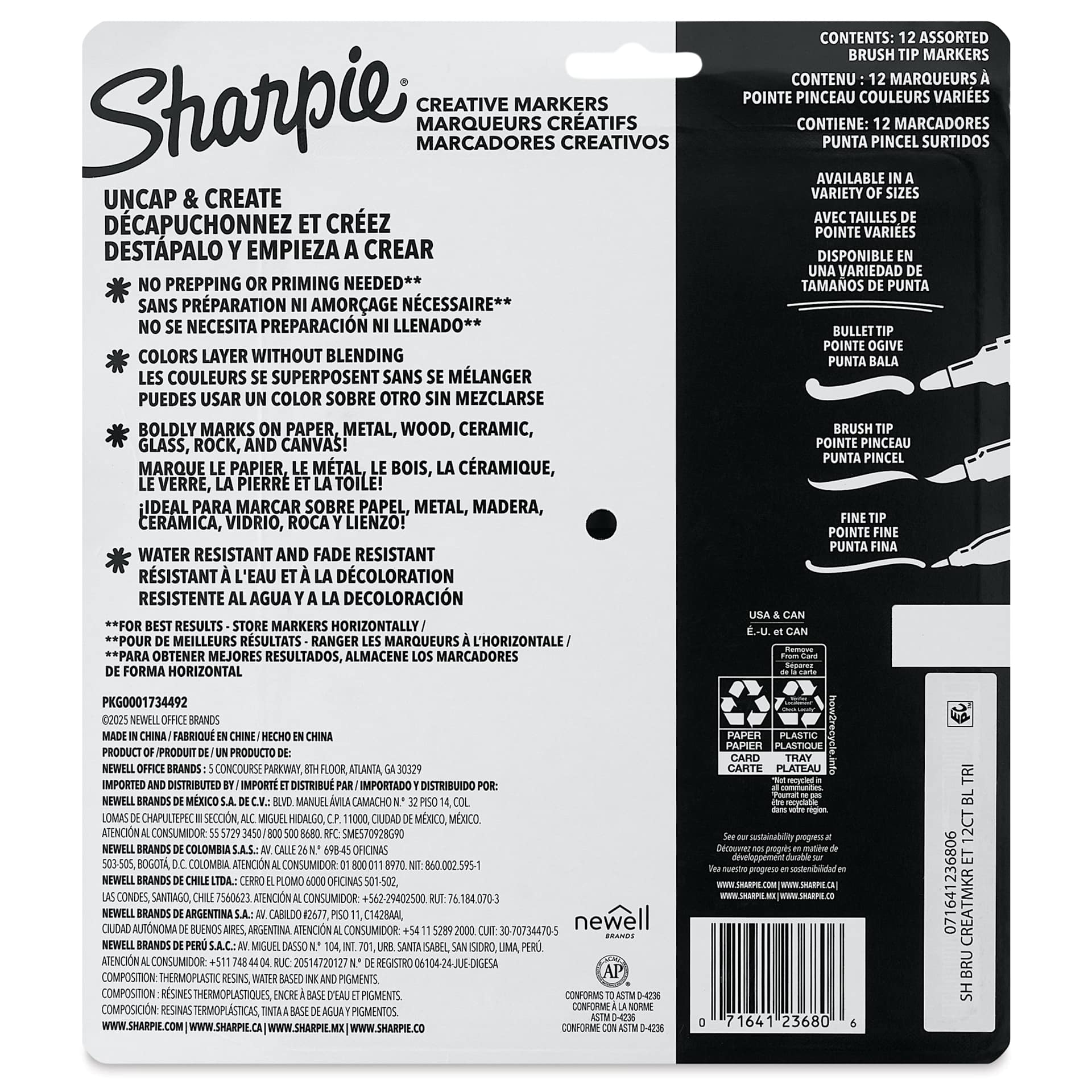 Sharpie Creative Acrylic Markers - Set of 12, Earth Tones, Brush Tip, back of packaging
