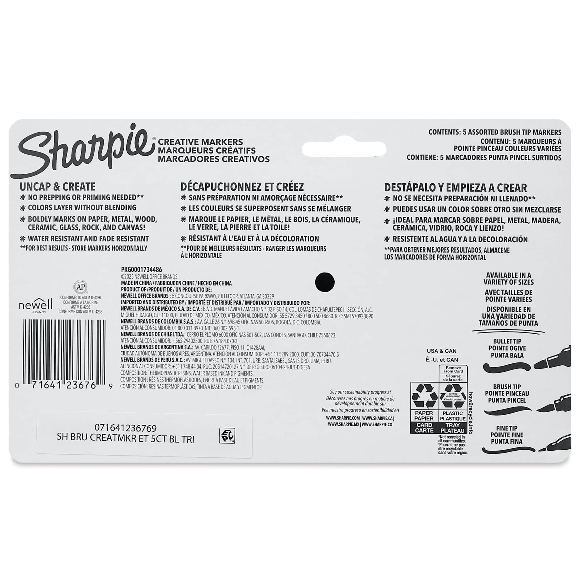 Sharpie Creative Acrylic Markers - Set of 5, Earth Tones, Brush Tip, back of packaging