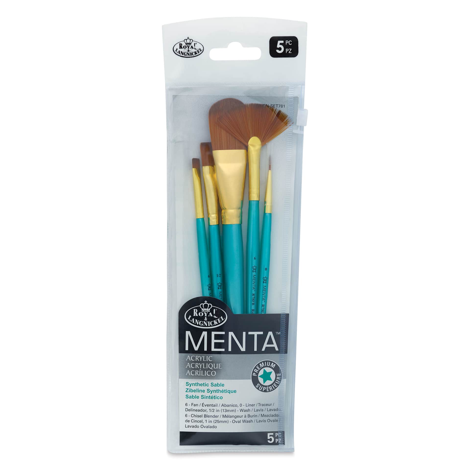 Royal & Langnickel Menta Synthetic Sable Brushes - Set of 5, Oval Wash Variety, front of packaging