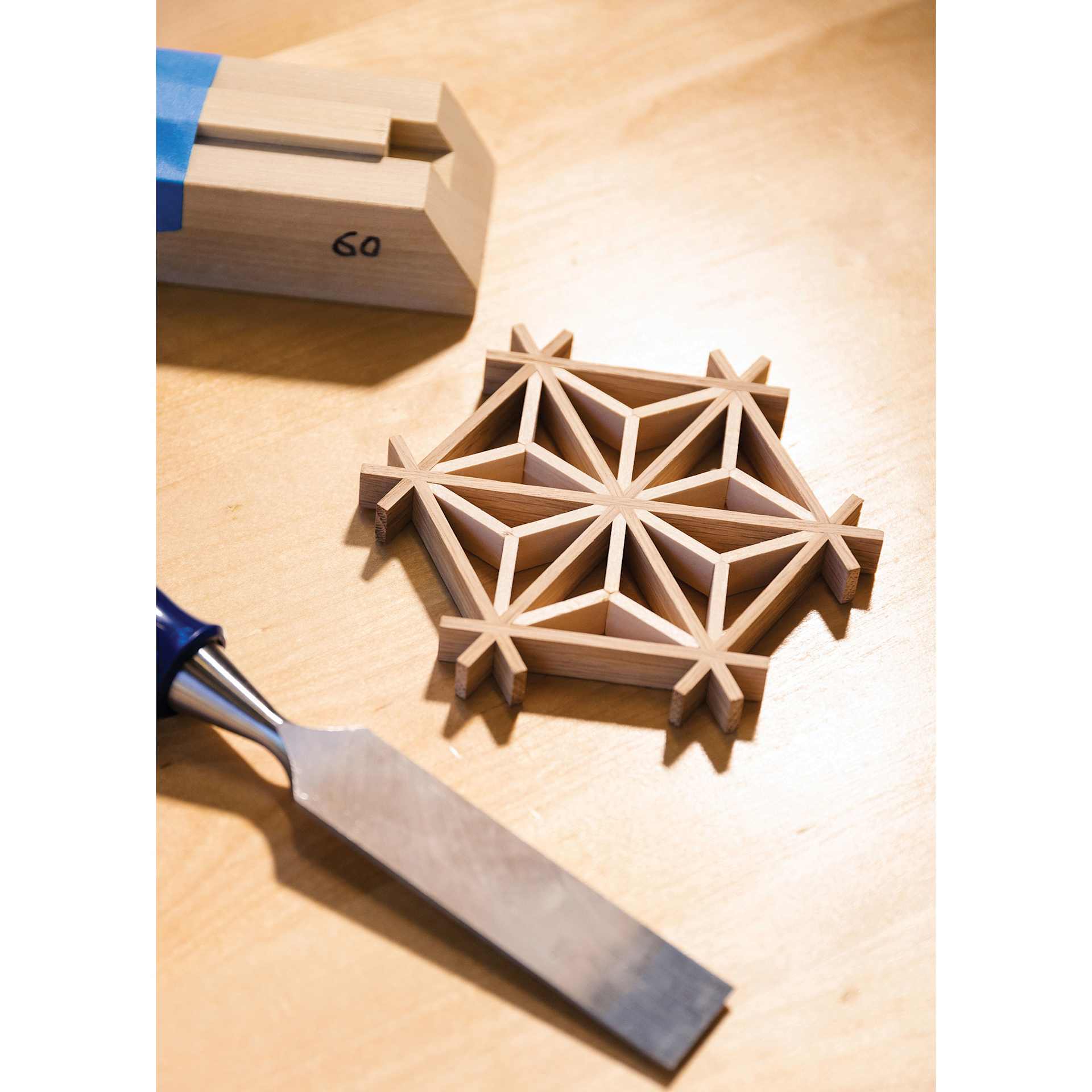Crafter Kumiko Woodworking Workshop Kit close-up of coaster