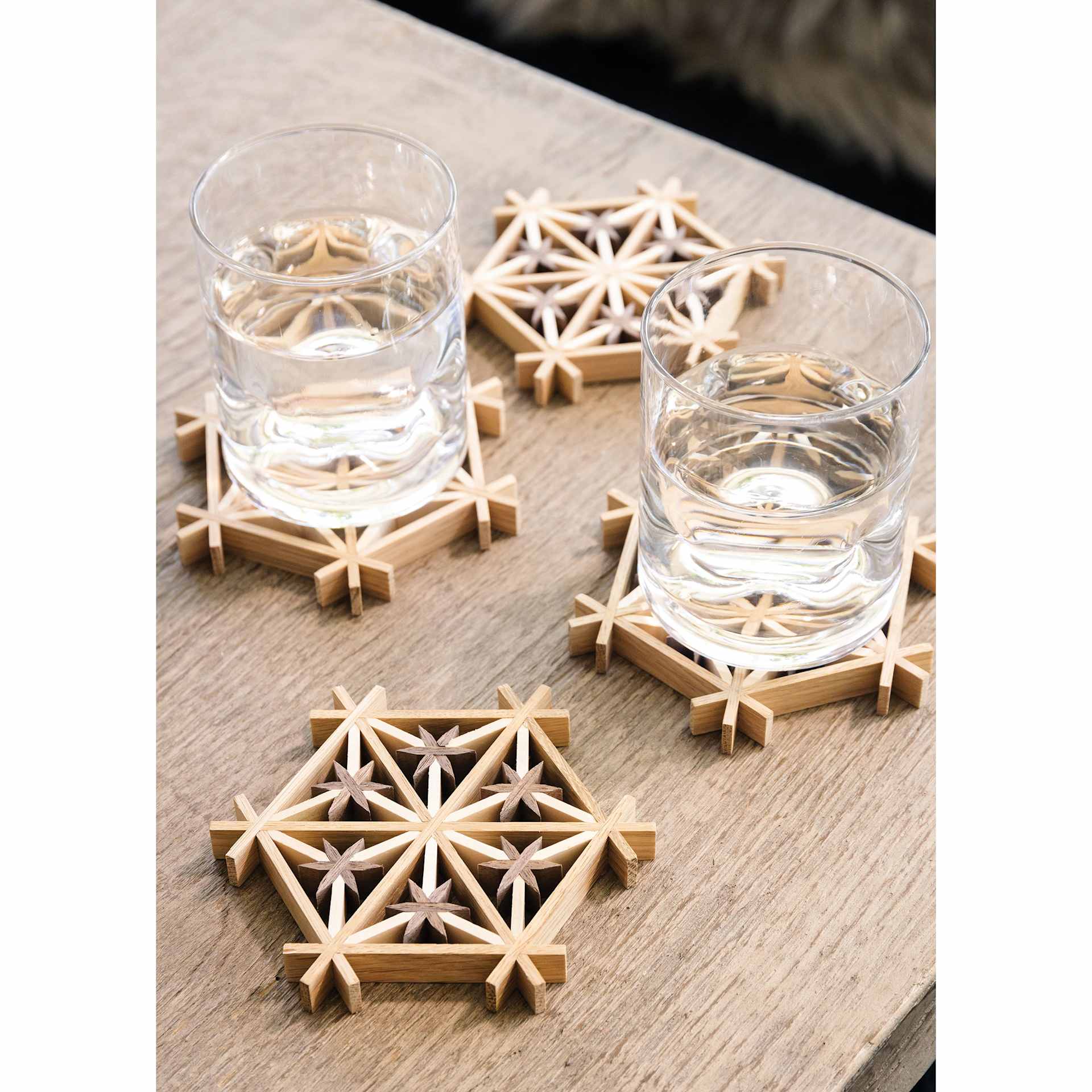 Crafter Kumiko Woodworking Workshop Kit coasters with glasses