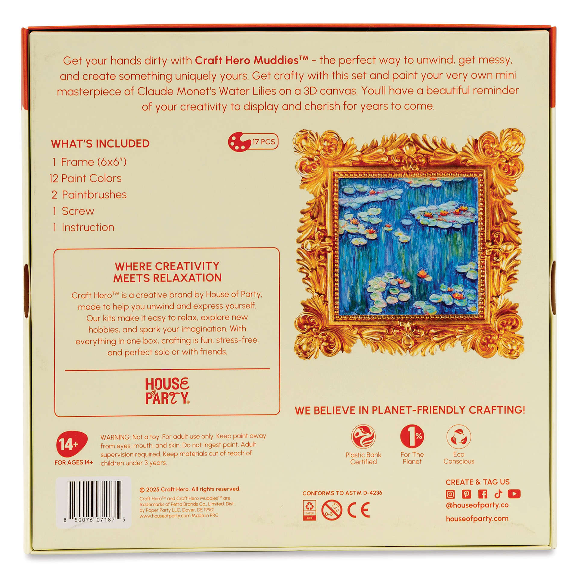 Craft Hero Muddies 3D Wall Frame Painting Kit - Water Lilies, back of packaging