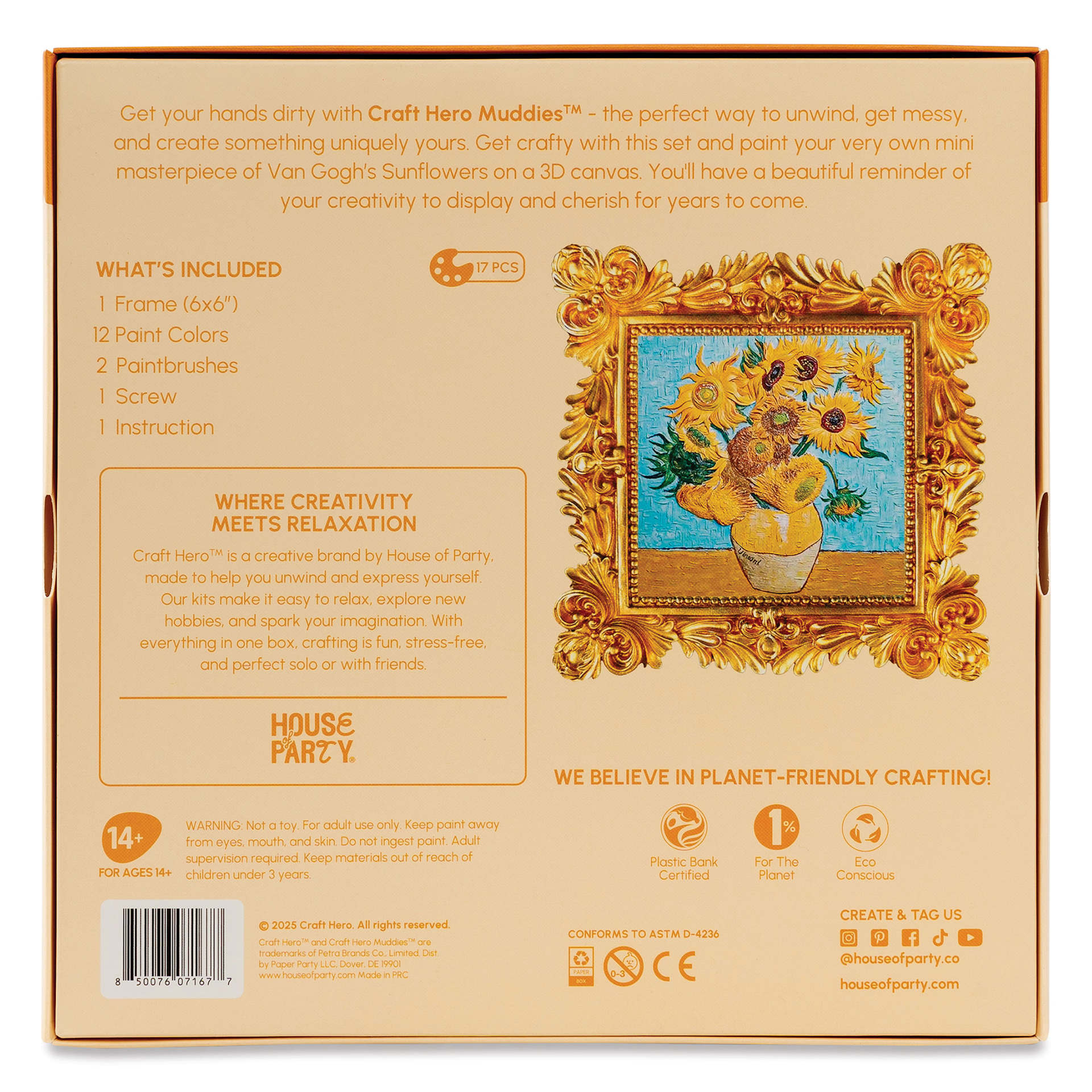 Craft Hero Muddies 3D Wall Frame Painting Kit - Sunflowers, back of packaging
