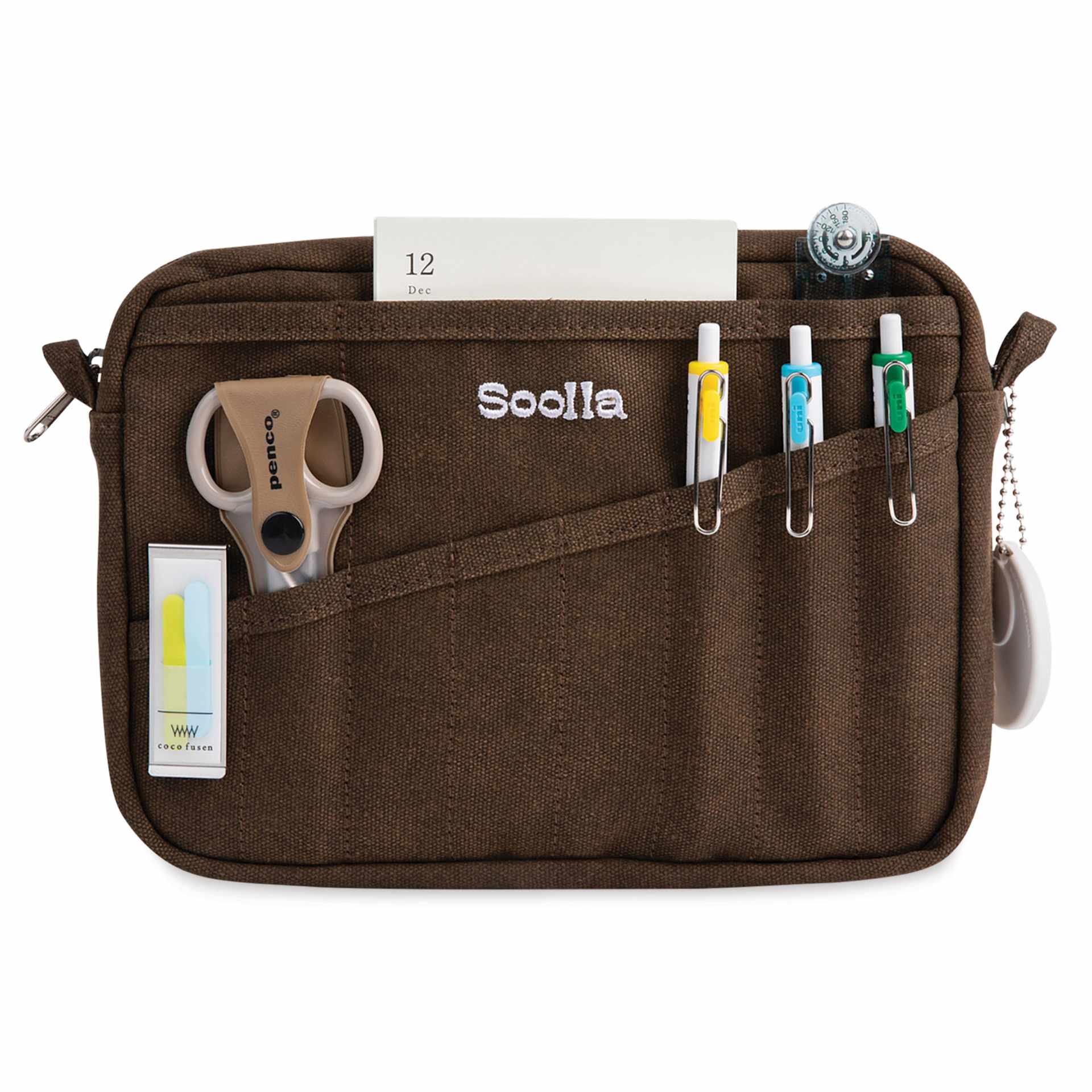 Soolla Studio Pouch - Coffee Bean, front with supplies (not included)