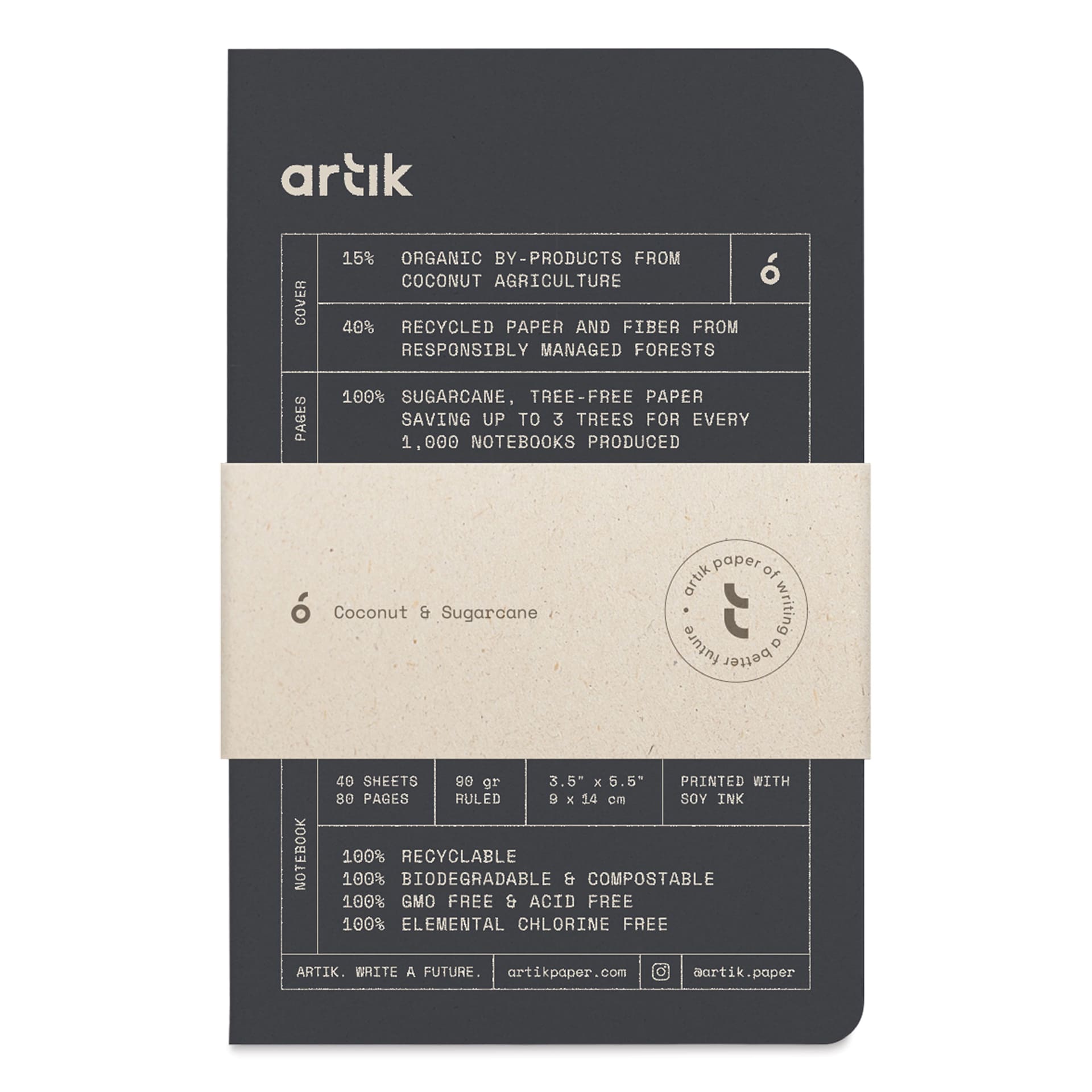 Artik Singer Sewn Notebook - Coconut, 3-1/2" x 5-1/2", Ruled, Pkg of 3, packaging