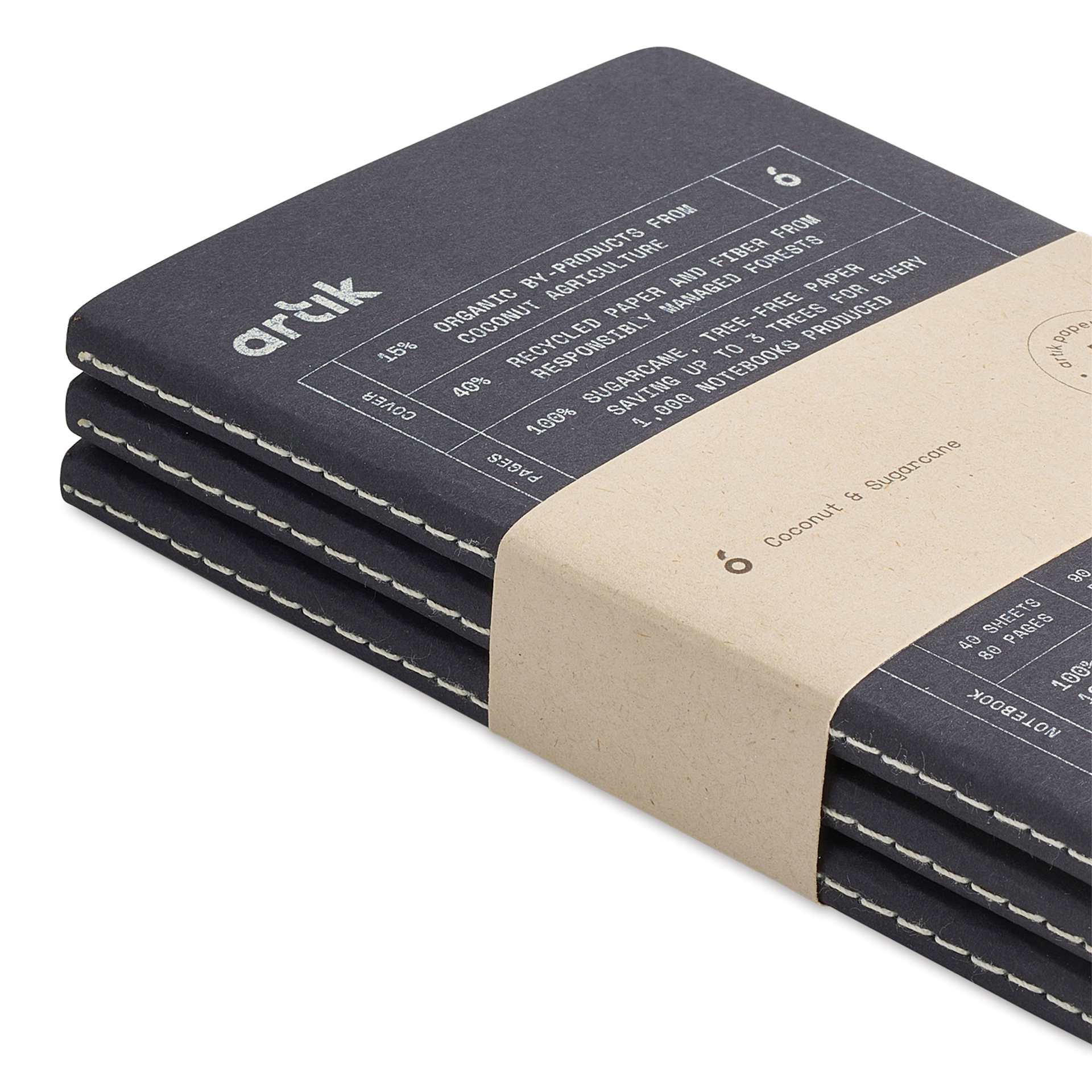 Artik Singer Sewn Notebook - Coconut, 3-1/2" x 5-1/2", Dot Grid, Pkg of 3