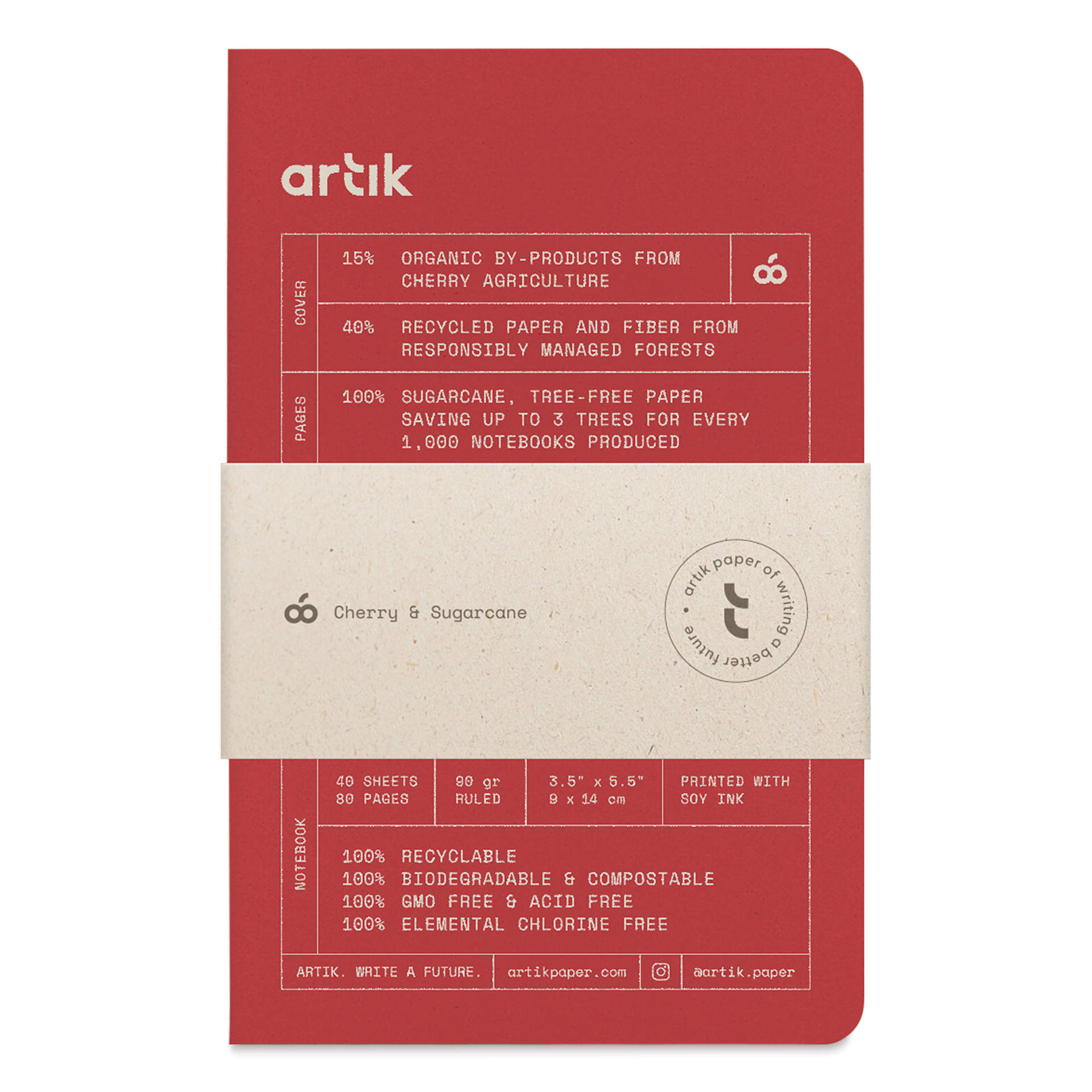 Artik Singer Sewn Notebook - Cherry, 3-1/2" x 5-1/2", Ruled, Pkg of 3, packaging