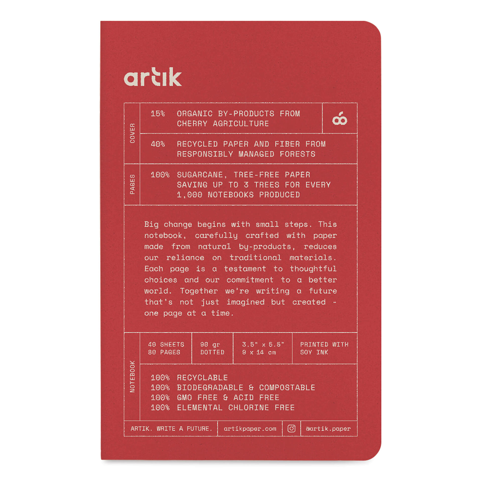 Artik Singer Sewn Notebook - Cherry, 3-1/2" x 5-1/2", Dot Grid, Pkg of 3, front cover