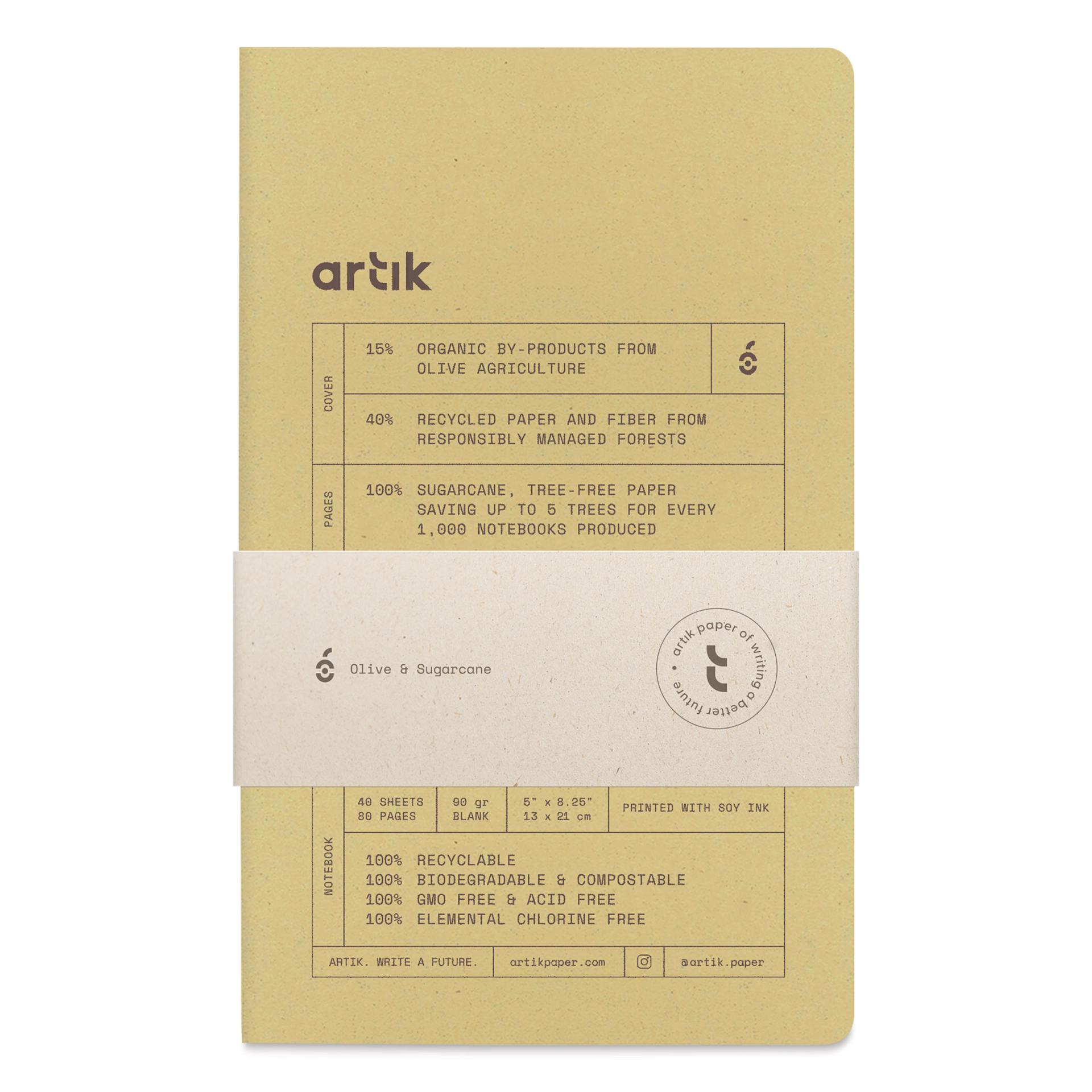 Artik Singer Sewn Notebook - Olive, 5" x 8-1/4", Blank, Pkg of 2, packaging