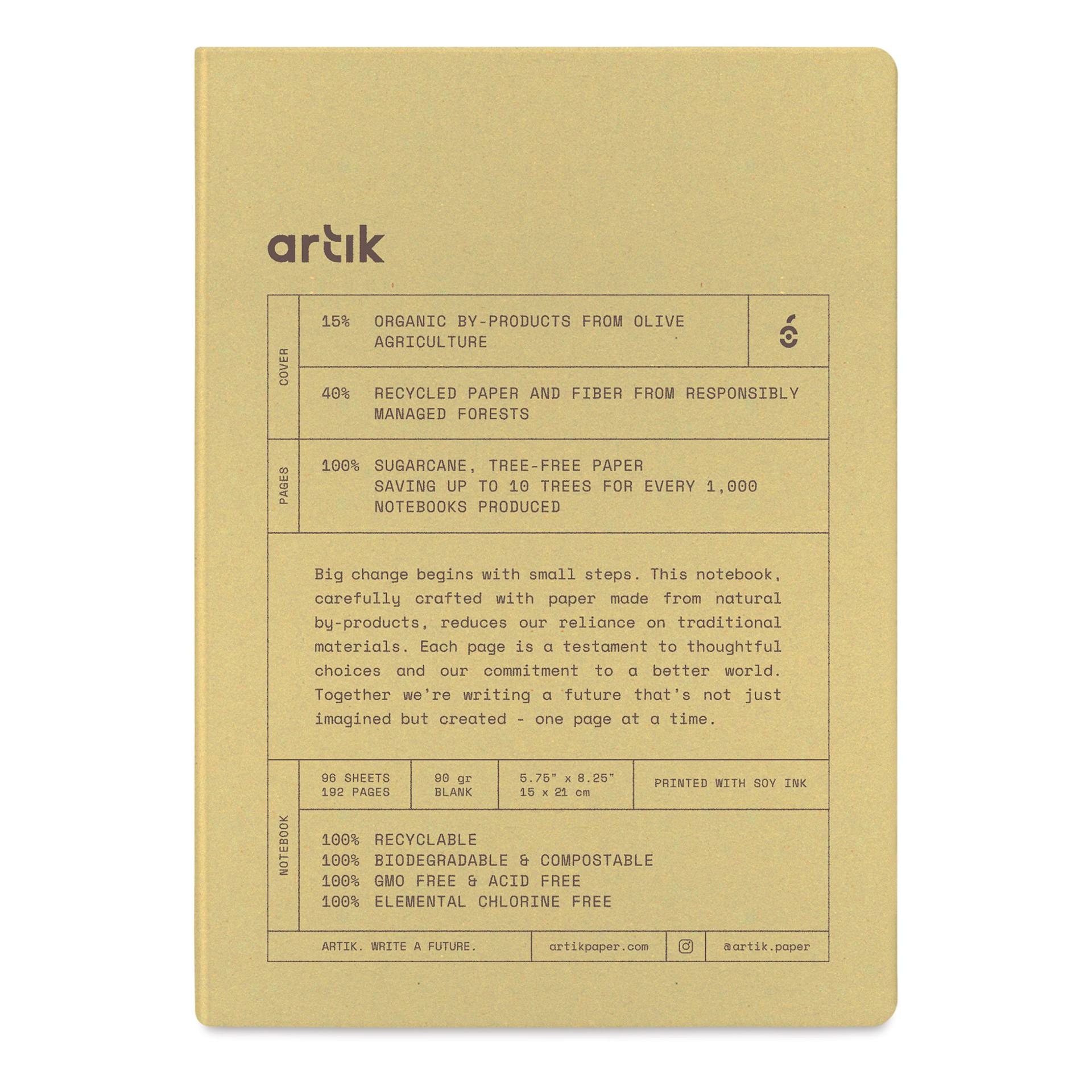 Artik Hardcover Notebook - Olive, 5-3/4" x 8-1/4", Blank, front