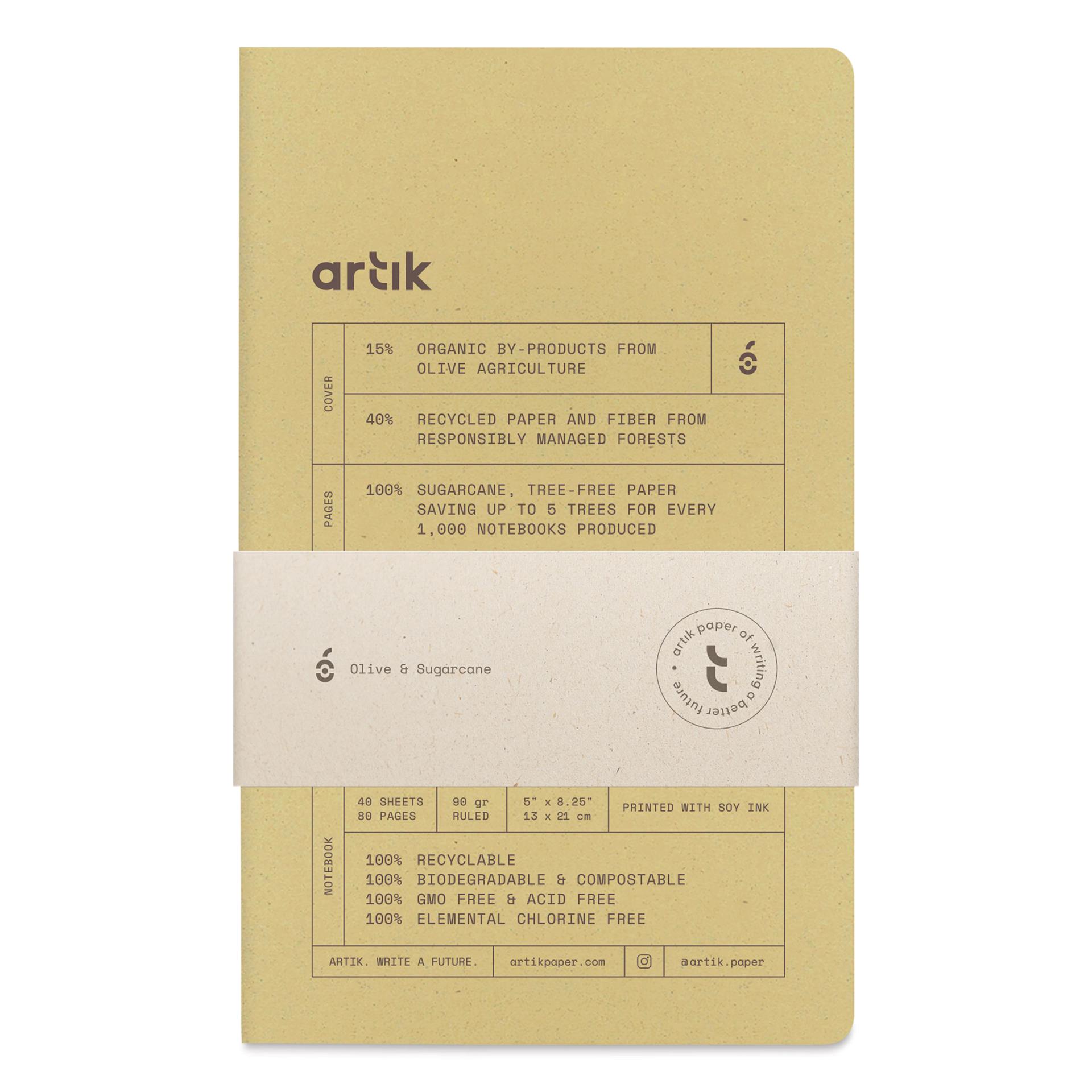 Artik Singer Sewn Notebook - Olive, 5" x 8-1/4", Ruled, Pkg of 2, packaging