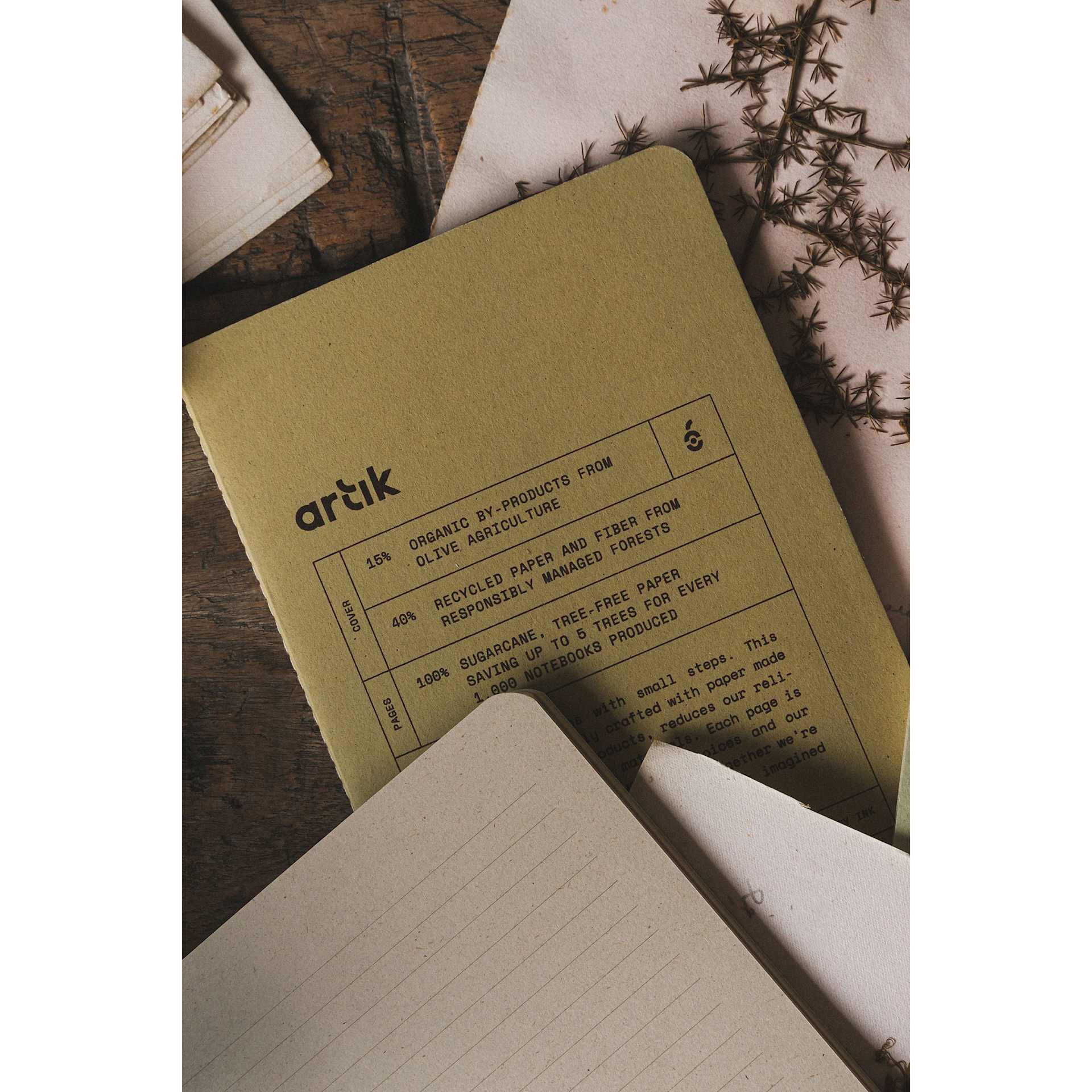 Artik Singer Sewn Notebook - Olive, 5" x 8-1/4", Ruled, Pkg of 2, on desk