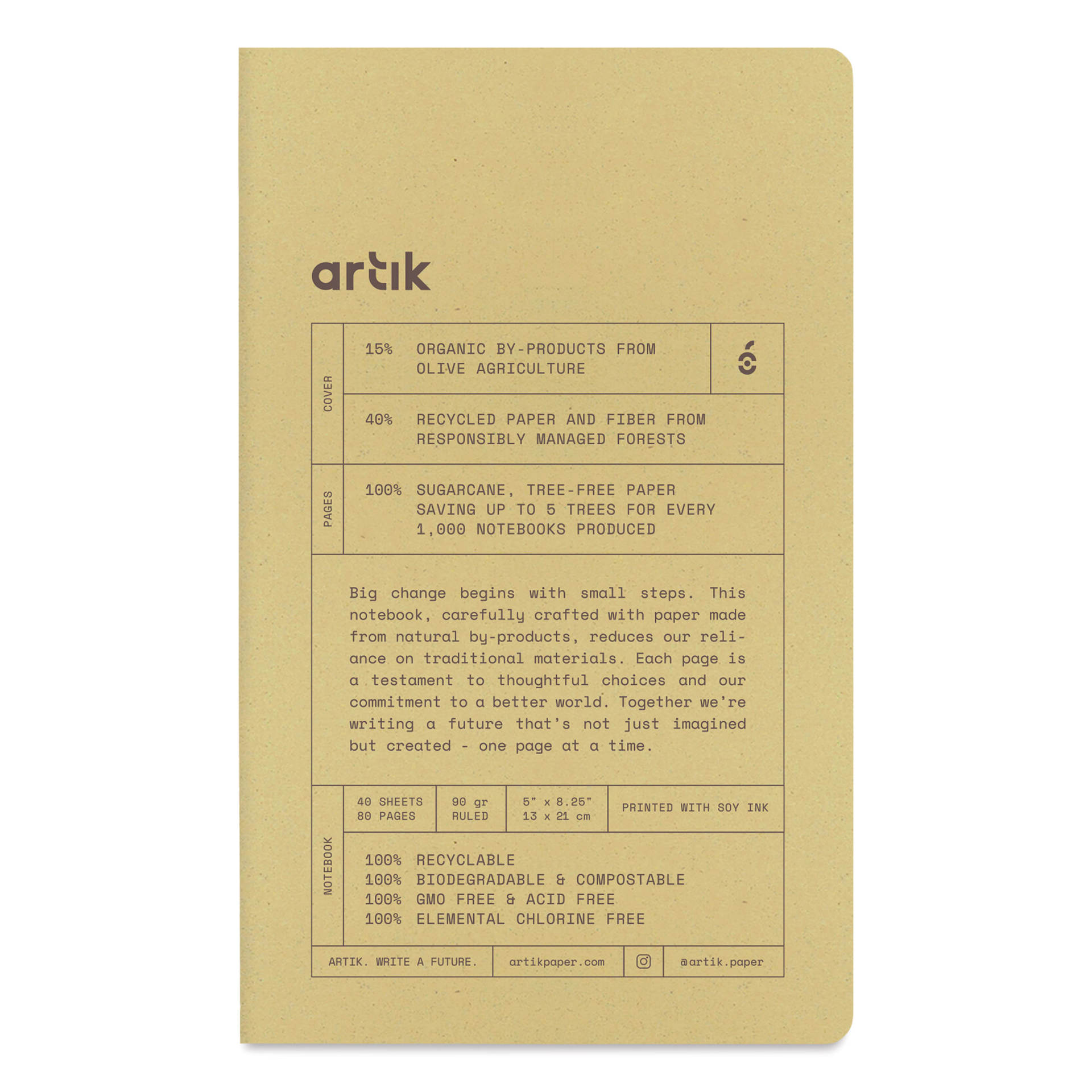 Artik Singer Sewn Notebook - Olive, 5" x 8-1/4", Ruled, Pkg of 2, front cover