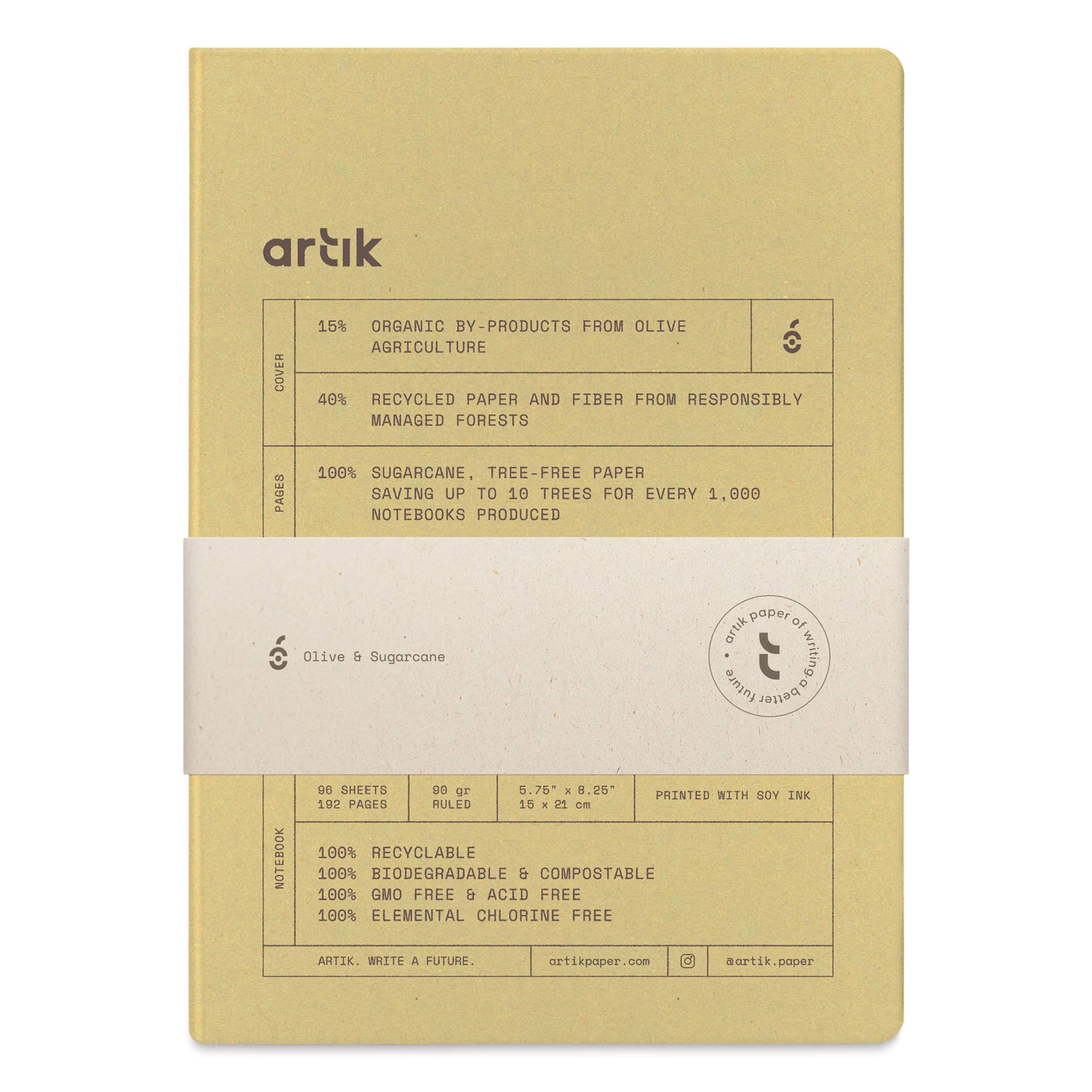 Artik Hardcover Notebook - Olive, 5-3/4" x 8-1/4", Ruled, packaging