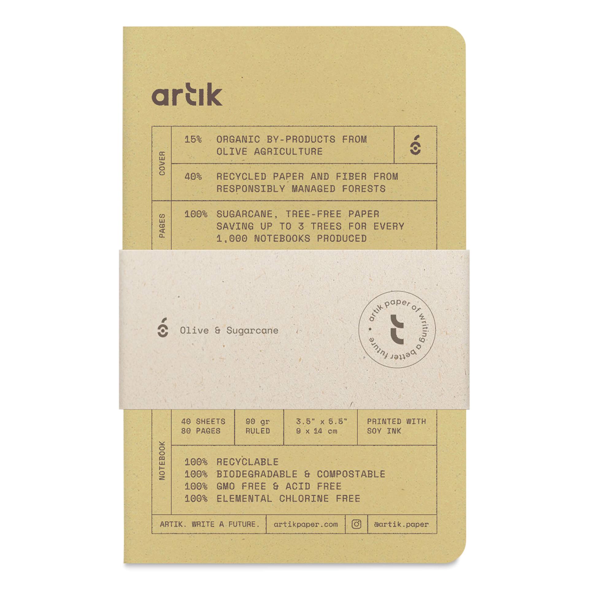 Artik Singer Sewn Notebook - Olive, 3-1/2" x 5-1/2", Ruled, Pkg of 3, packaging