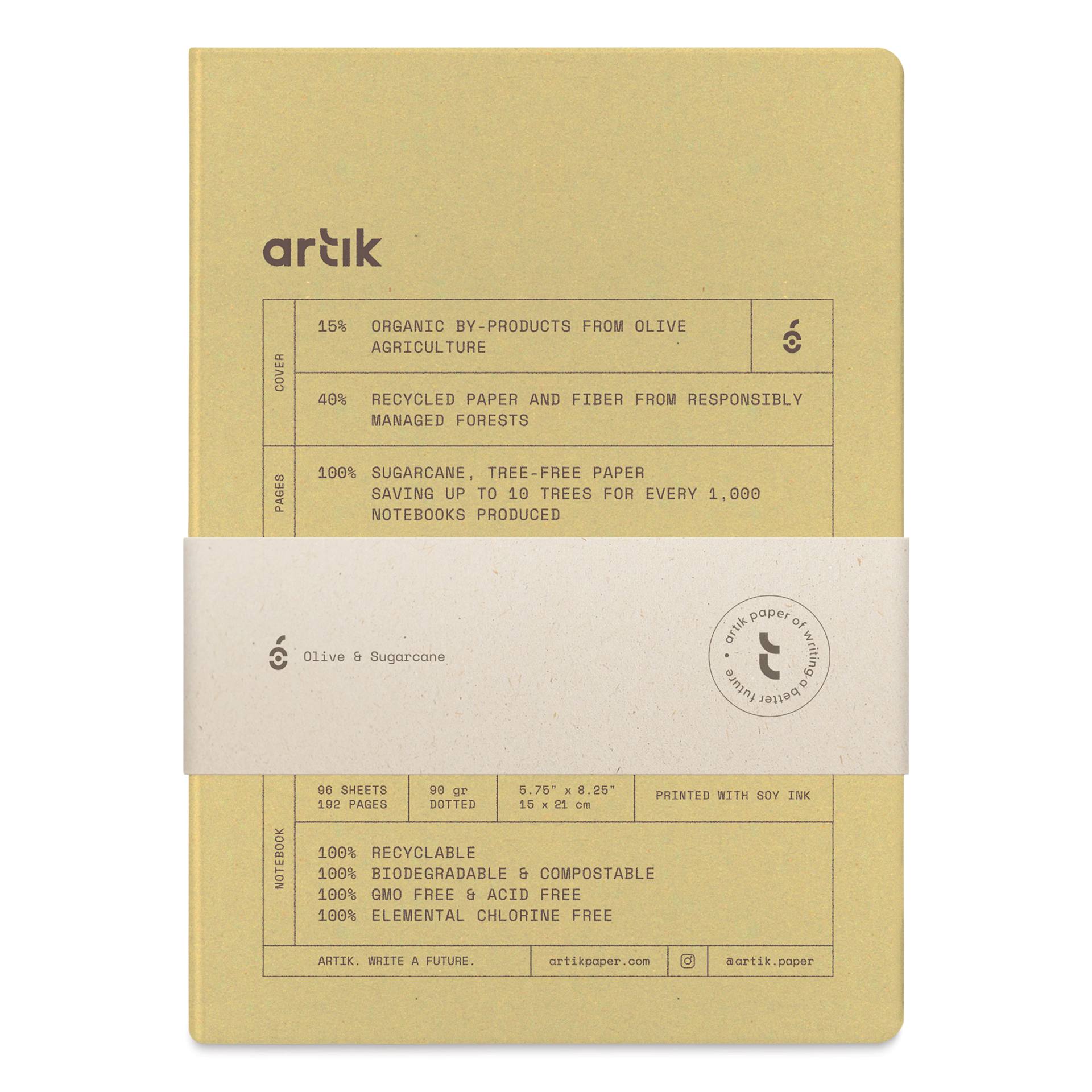 Artik Hardcover Notebook - Olive, 5-3/4" x 8-1/4", Dot Grid, packaging
