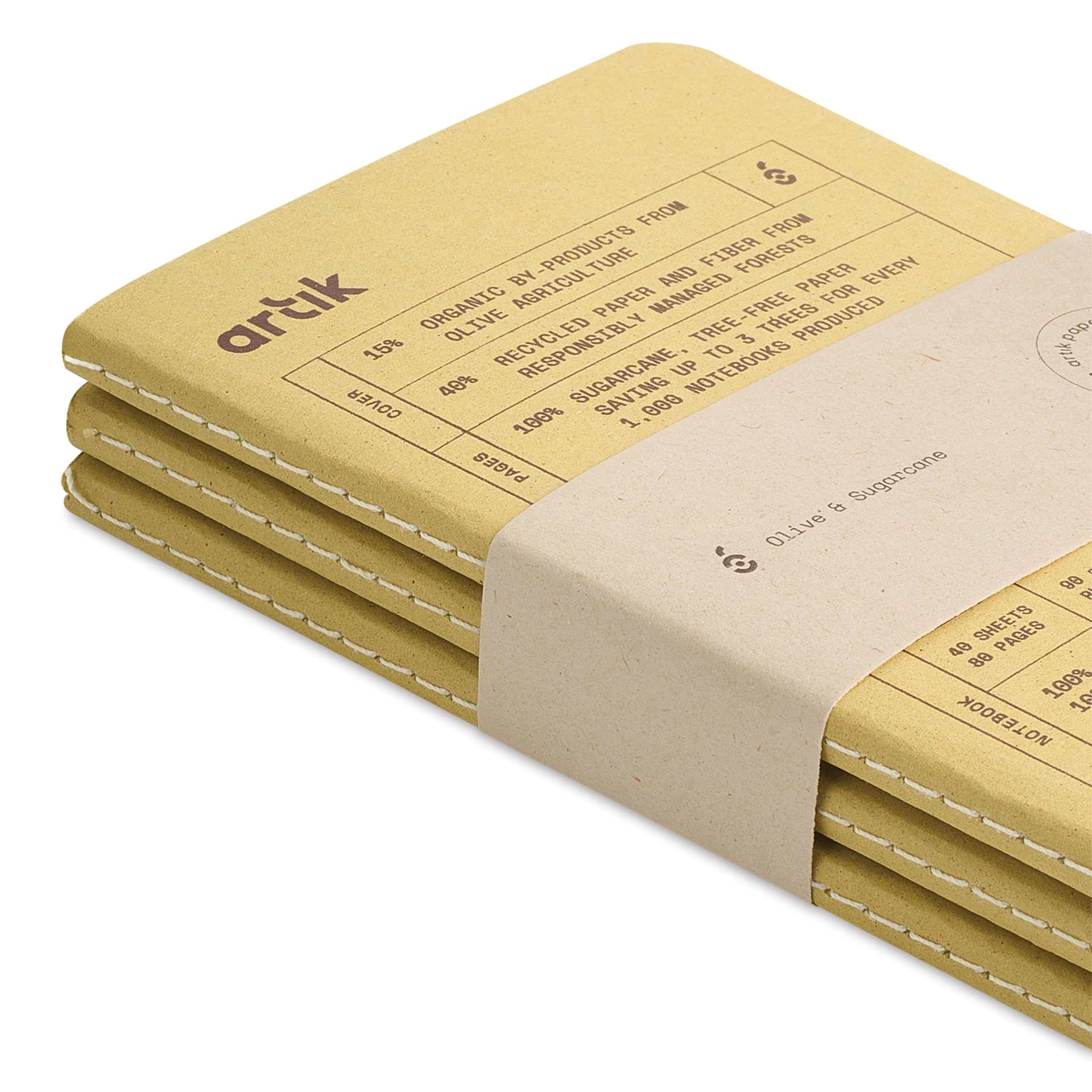Artik Singer Sewn Notebook - Olive, 3-1/2" x 5-1/2", Dot Grid, Pkg of 3