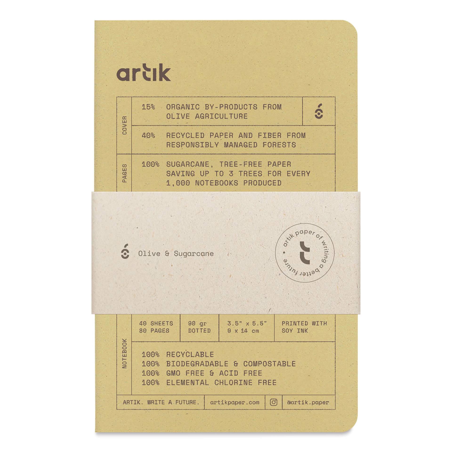 Artik Singer Sewn Notebook - Olive, 3-1/2" x 5-1/2", Dot Grid, Pkg of 3, packaging