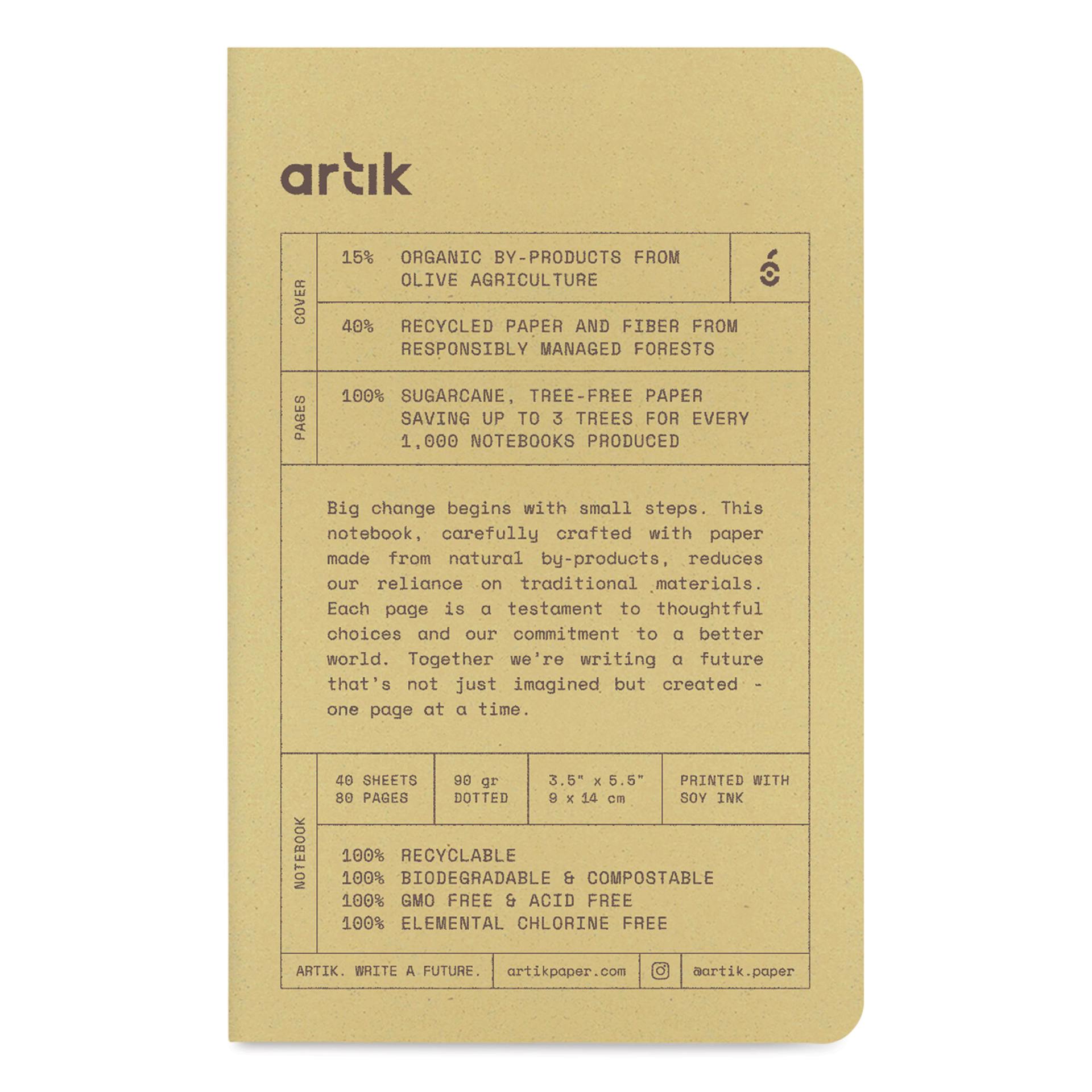 Artik Singer Sewn Notebook - Olive, 3-1/2" x 5-1/2", Dot Grid, Pkg of 3, front cover