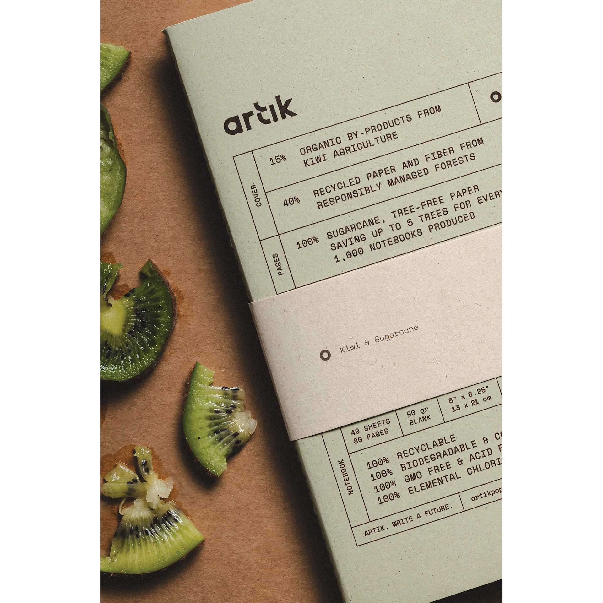 Artik Singer Sewn Notebook - Kiwi, 5" x 8-1/4", Blank, Pkg of 2, on desk